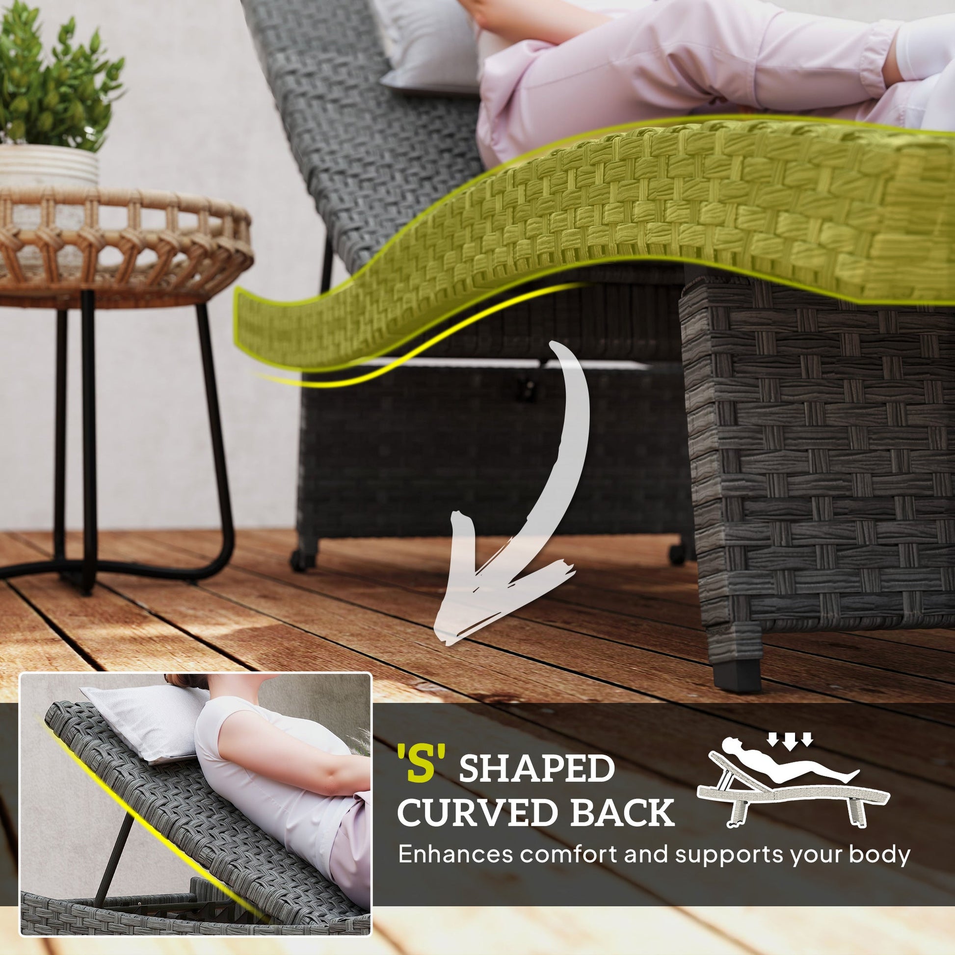 Outdoor PE Rattan Sun Lounger, Folding Wicker Garden Lounger Recliner with 4-Level Adjustable Backrest, Rolling Sunbed Lounge Chair with Wheels, Non-Slip Legs for Balcony, Beach, Mixed-grey