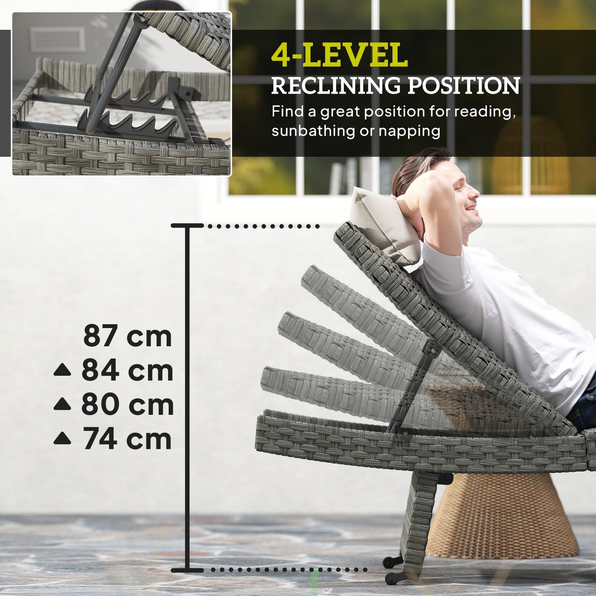 Outdoor PE Rattan Sun Lounger, Folding Wicker Garden Lounger Recliner with 4-Level Adjustable Backrest, Rolling Sunbed Lounge Chair with Wheels, Non-Slip Legs for Balcony, Beach, Mixed-grey