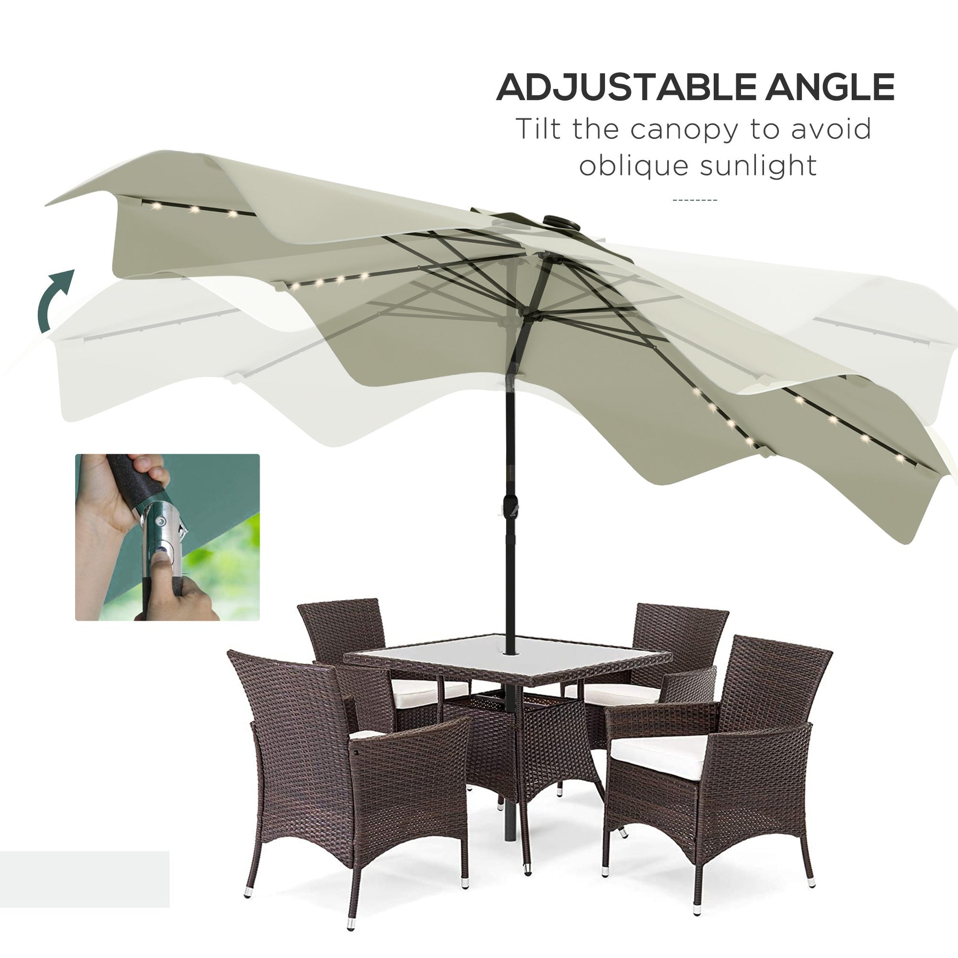 3(m) Garden Parasol Umbrella with 32 Solar LED Lights and Tilt, Outdoor Market Table Umbrella Sun Shade Canopy with Crank, 8 Ribs, Cream White