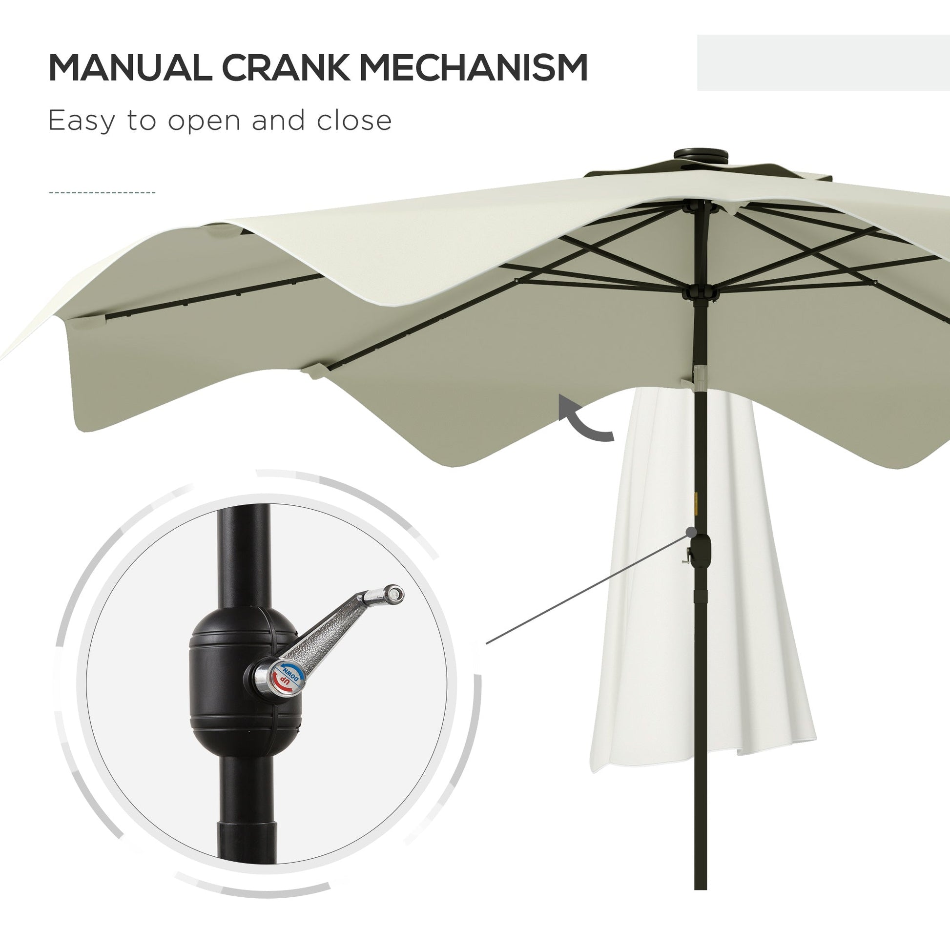 3(m) Garden Parasol Umbrella with 32 Solar LED Lights and Tilt, Outdoor Market Table Umbrella Sun Shade Canopy with Crank, 8 Ribs, Cream White