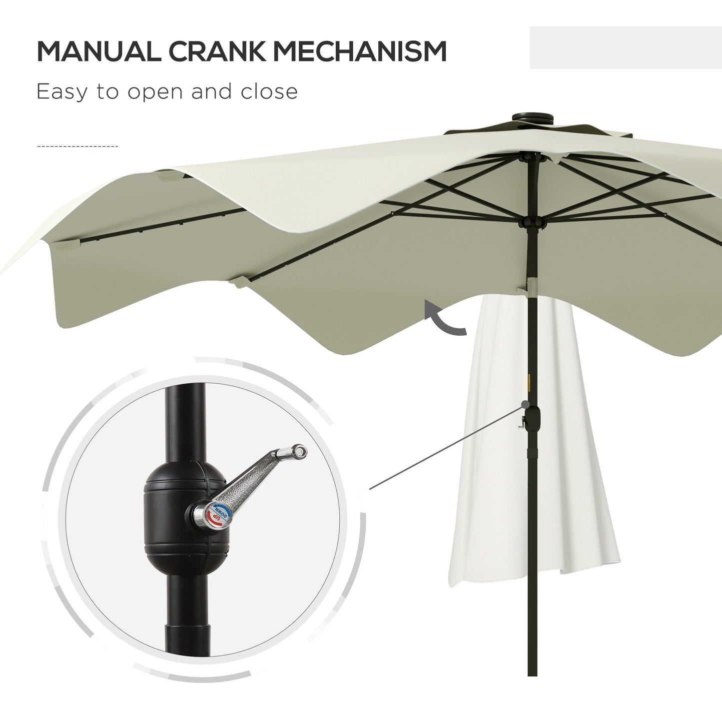 3(m) Garden Parasol Umbrella with 32 Solar LED Lights and Tilt, Outdoor Market Table Umbrella Sun Shade Canopy with Crank, 8 Ribs, Cream White