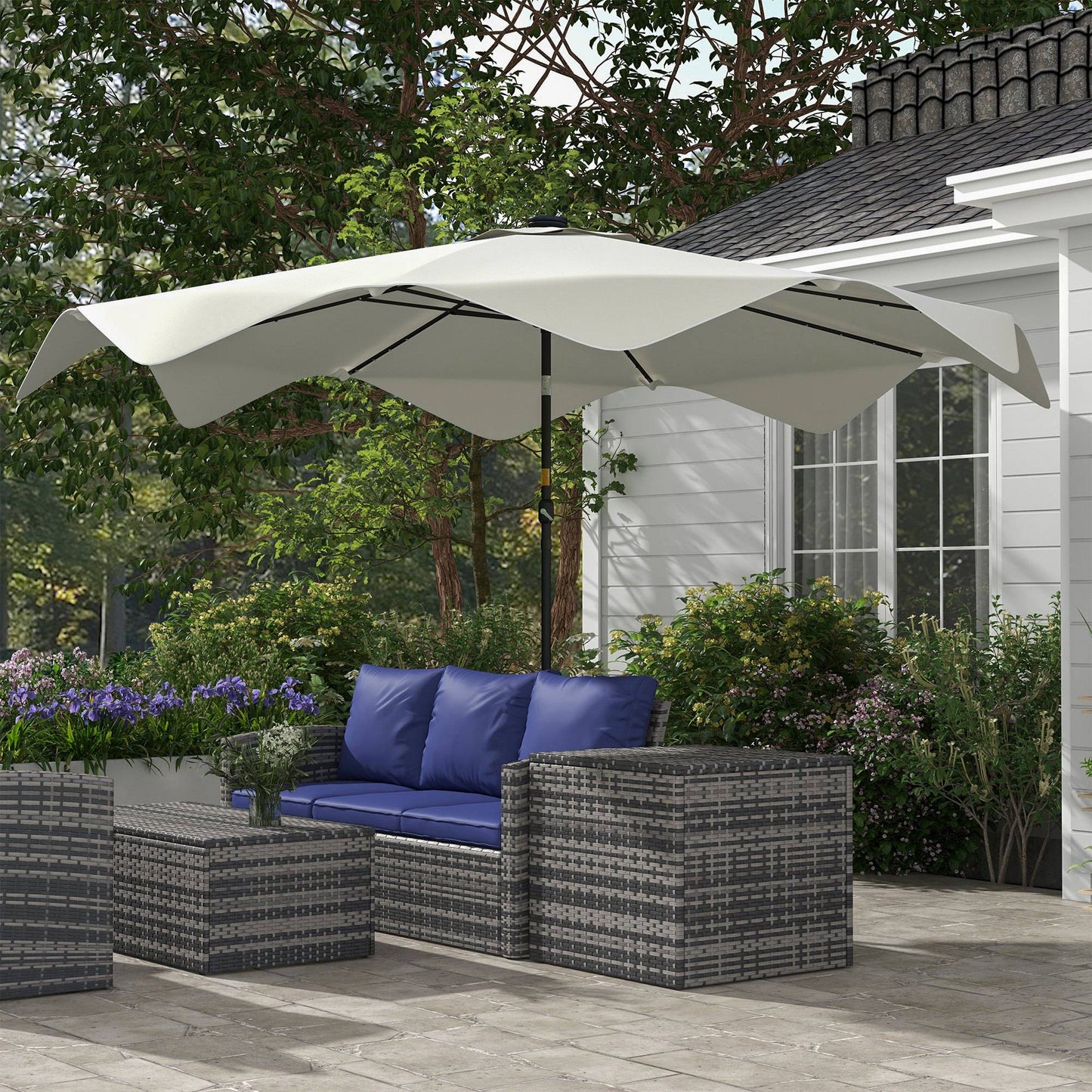 3(m) Garden Parasol Umbrella with 32 Solar LED Lights and Tilt, Outdoor Market Table Umbrella Sun Shade Canopy with Crank, 8 Ribs, Cream White