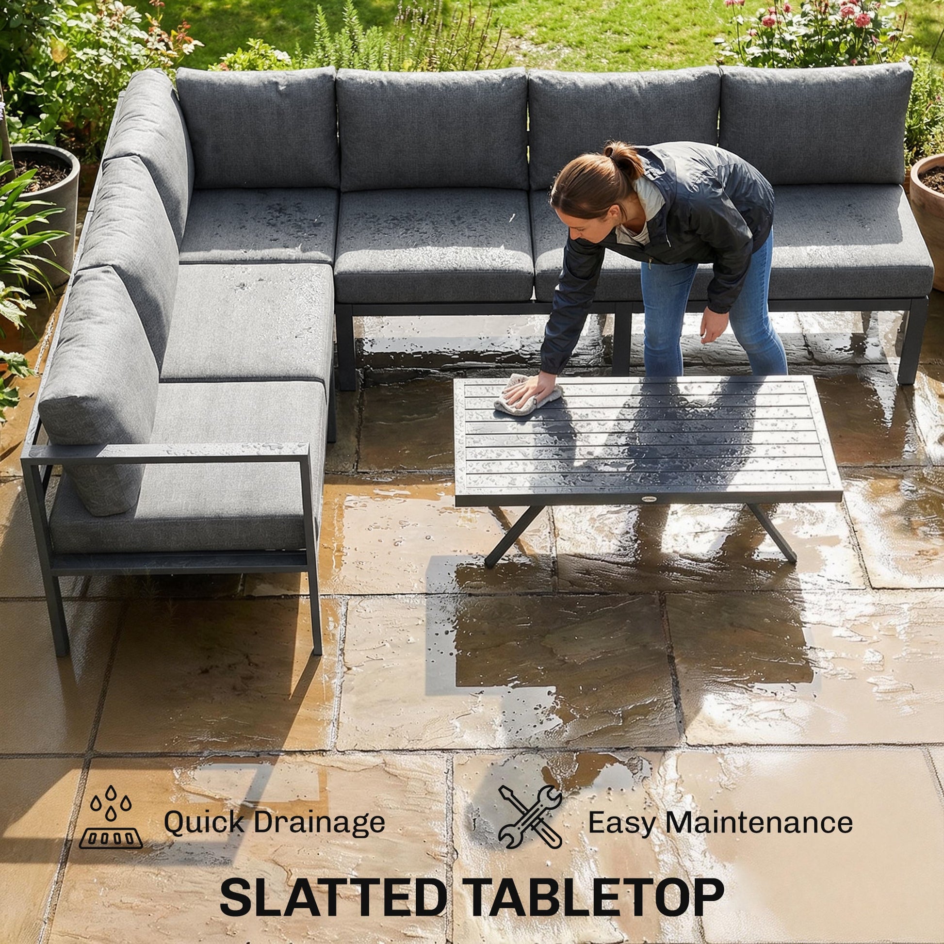 3 Pieces Garden Furniture Set, Aluminium Corner Lounge Set with Adjustable Backrest and Coffee Table, Outdoor Conversation Furniture with Cushions, Dark Grey
