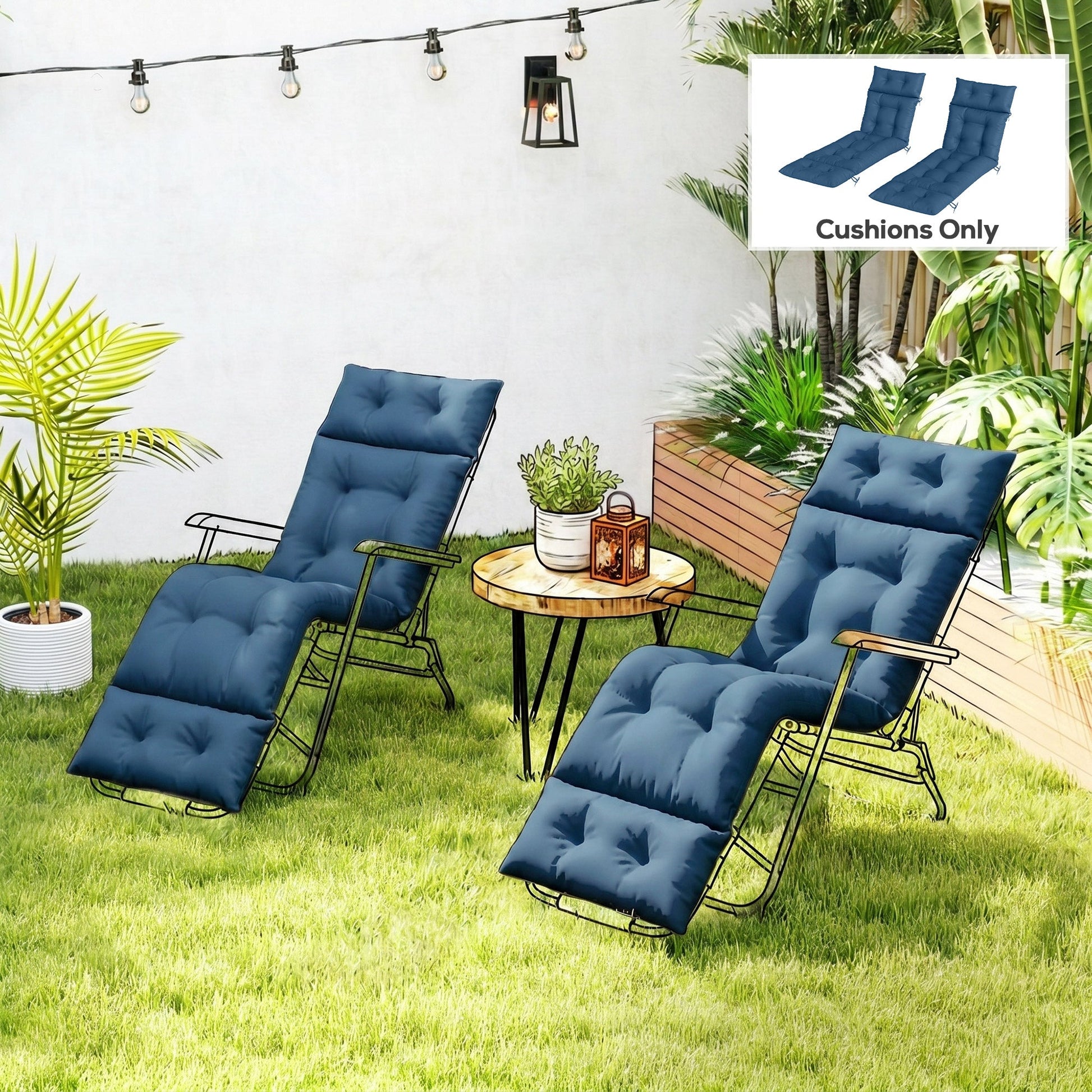 Sun Lounger Cushions Only, 190x56x10cm Garden Lounge Chair Cushions Set of 2, UPF20+ 220gsm Fabric, Thick Sunbed Replacement Pads with 6 Ties, Navy Blue