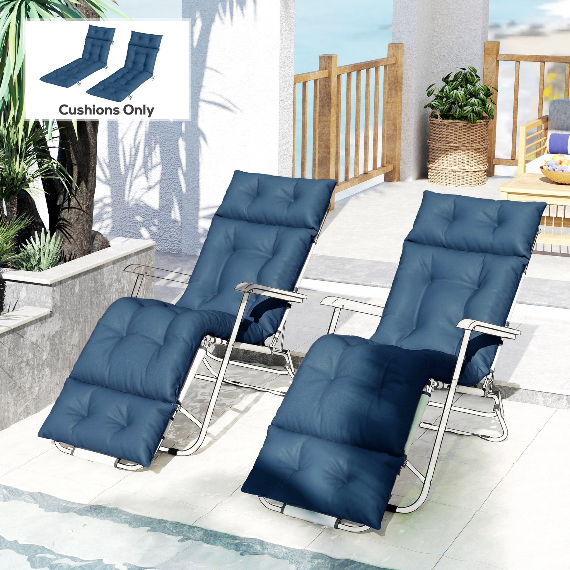 Sun Lounger Cushions Only, 190x56x10cm Garden Lounge Chair Cushions Set of 2, UPF20+ 220gsm Fabric, Thick Sunbed Replacement Pads with 6 Ties, Navy Blue