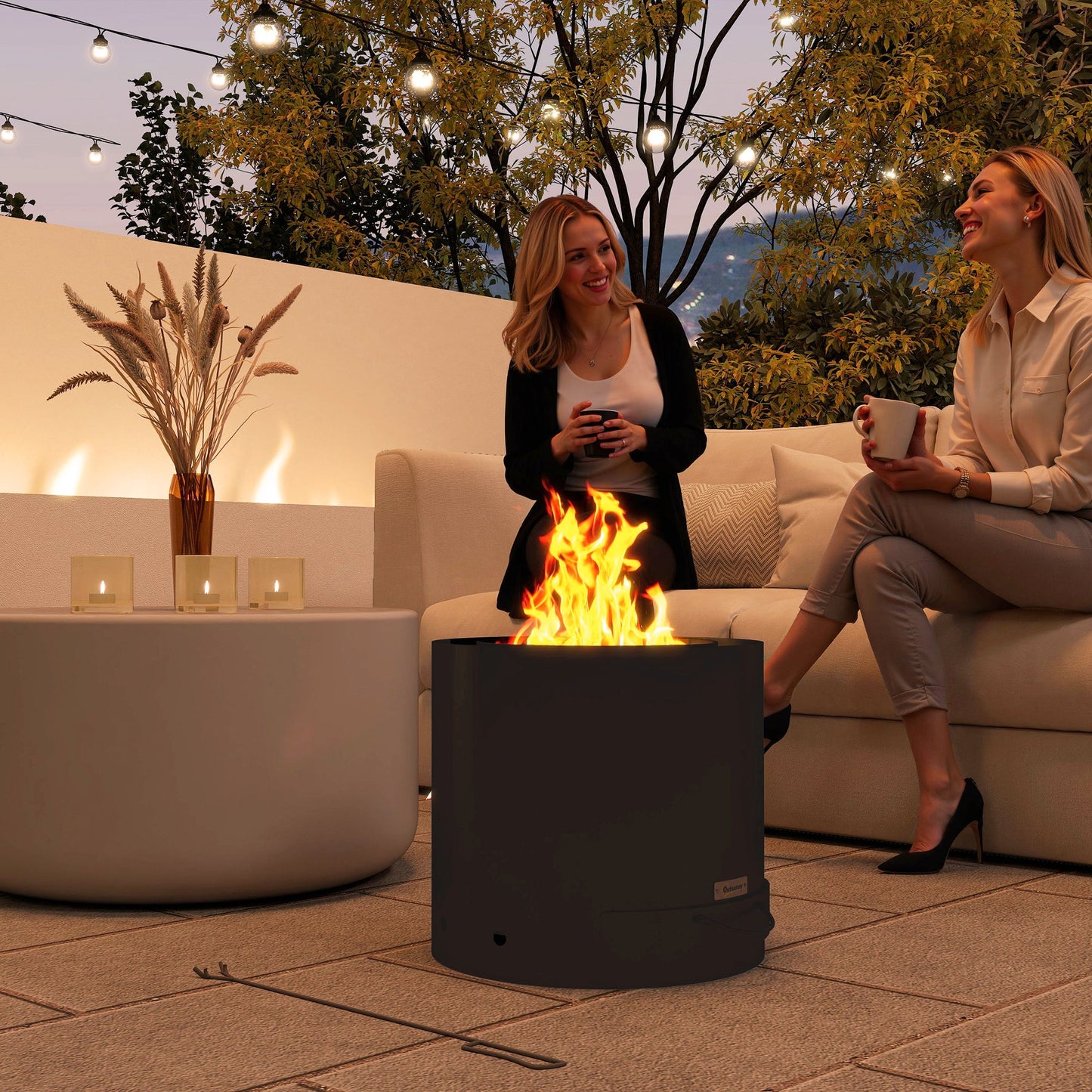 Outdoor Round Smokeless Fire Pit with Ash Tray, Wood Burning Firepit with Fire Poker for Patio Bonfire BBQ Camping, Black