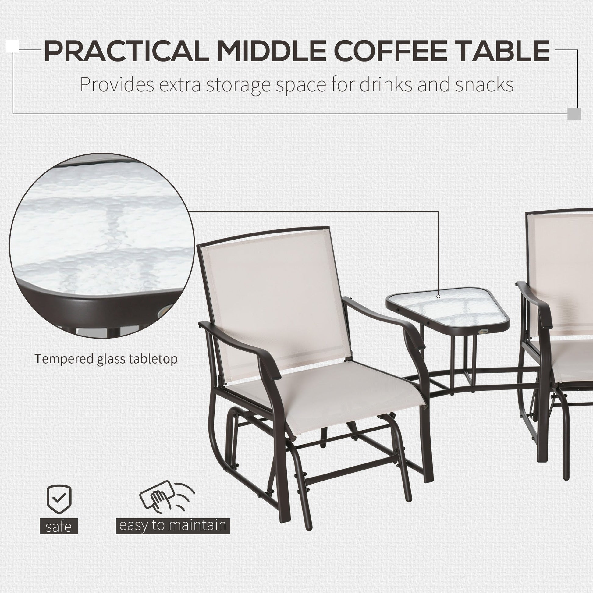 Outdoor Double Glider Rocking Chairs with Glass Top Middle Table, Metal Gliding Love Seat Conversation Furniture with Breathable Mesh Fabric Seat, for Garden, Patio, Brown
