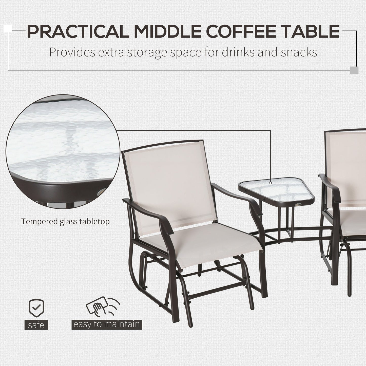 Outdoor Double Glider Rocking Chairs with Glass Top Middle Table, Metal Gliding Love Seat Conversation Furniture with Breathable Mesh Fabric Seat, for Garden, Patio, Brown