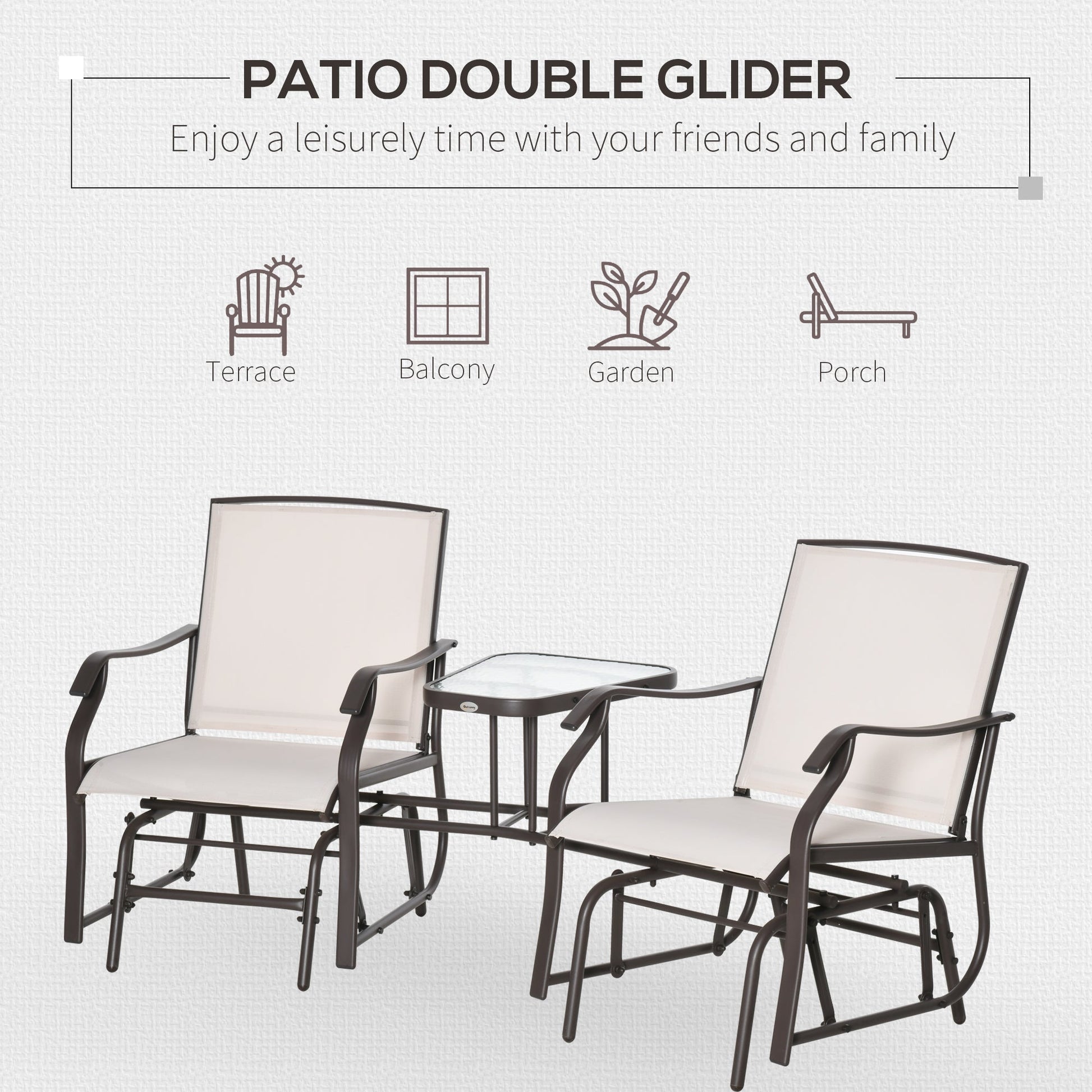 Outdoor Double Glider Rocking Chairs with Glass Top Middle Table, Metal Gliding Love Seat Conversation Furniture with Breathable Mesh Fabric Seat, for Garden, Patio, Brown