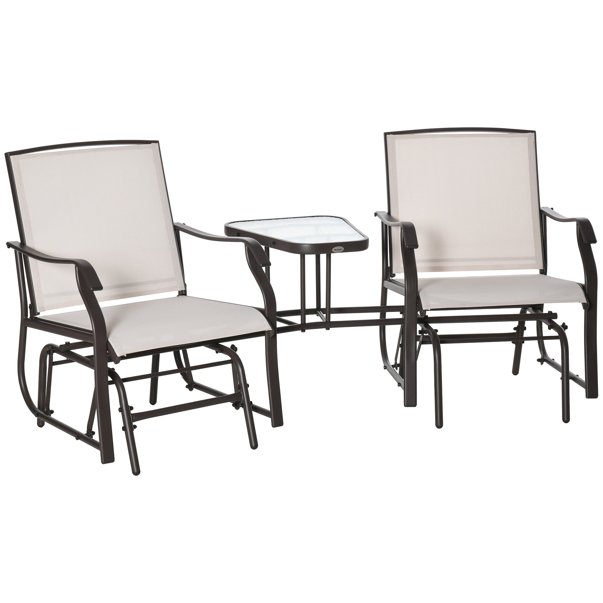 Outdoor Double Glider Rocking Chairs with Glass Top Middle Table, Metal Gliding Love Seat Conversation Furniture with Breathable Mesh Fabric Seat, for Garden, Patio, Brown