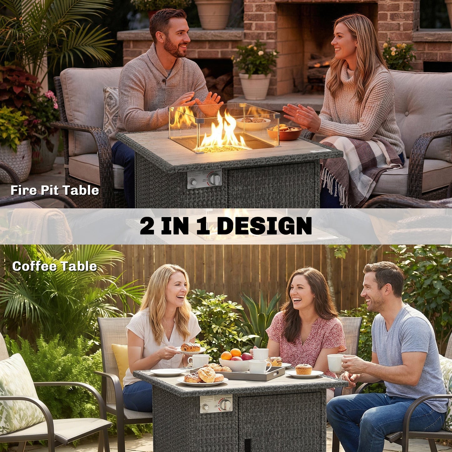 Rattan Gas Fire Pit Table, 14.5 KW Square Smokeless Propane Gas Fire Pit with Rain Cover, Wind Guard, Lid, Spark Guard Mesh, Lava Rocks, Outdoor Garden Coffee Table with Heater, Dark Grey