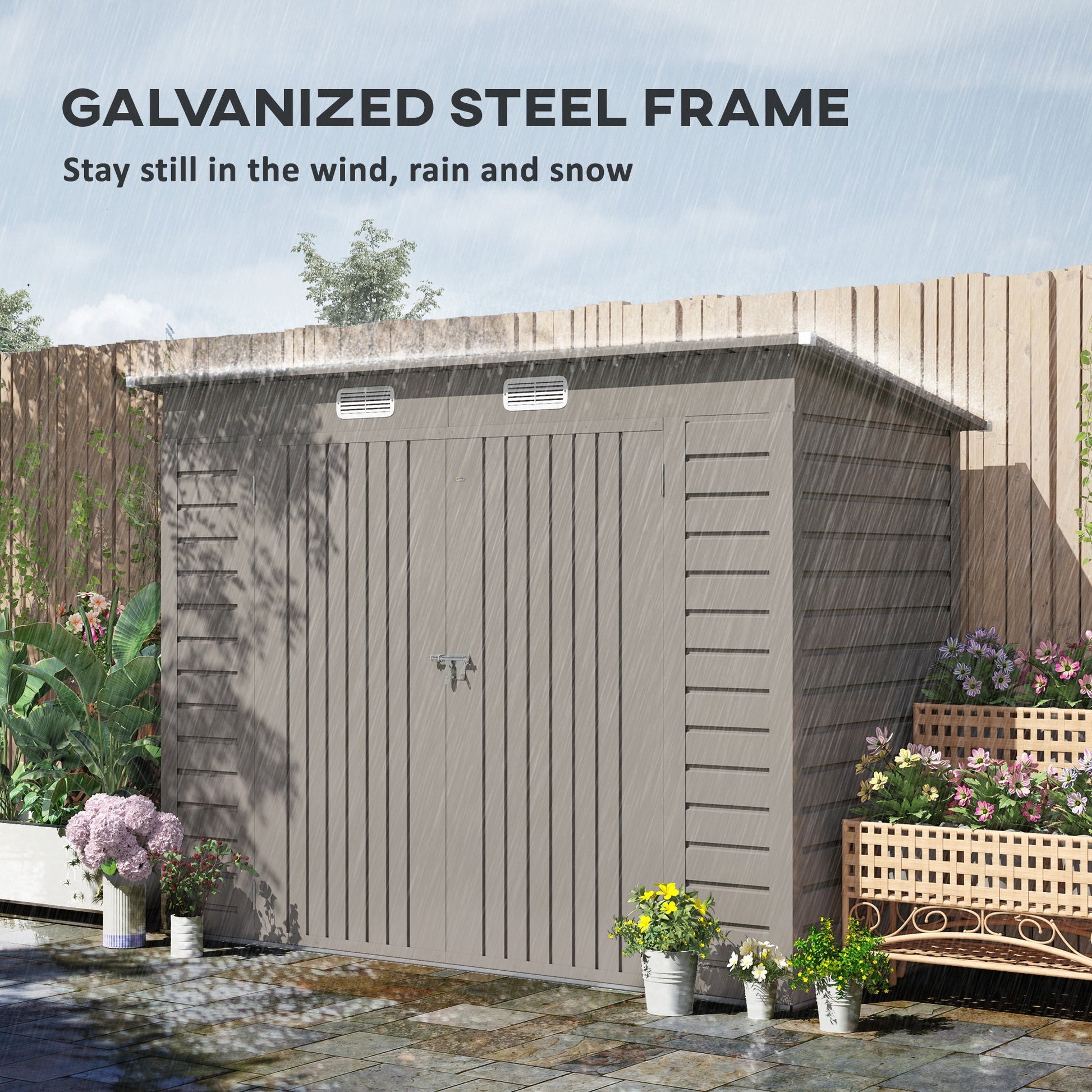 8 x 4FT Garden Shed. Galvanised Metal Shed, Outdoor Tool Storage Shed with Pent Roof, Lockable Door and 2 Vents, Light Grey