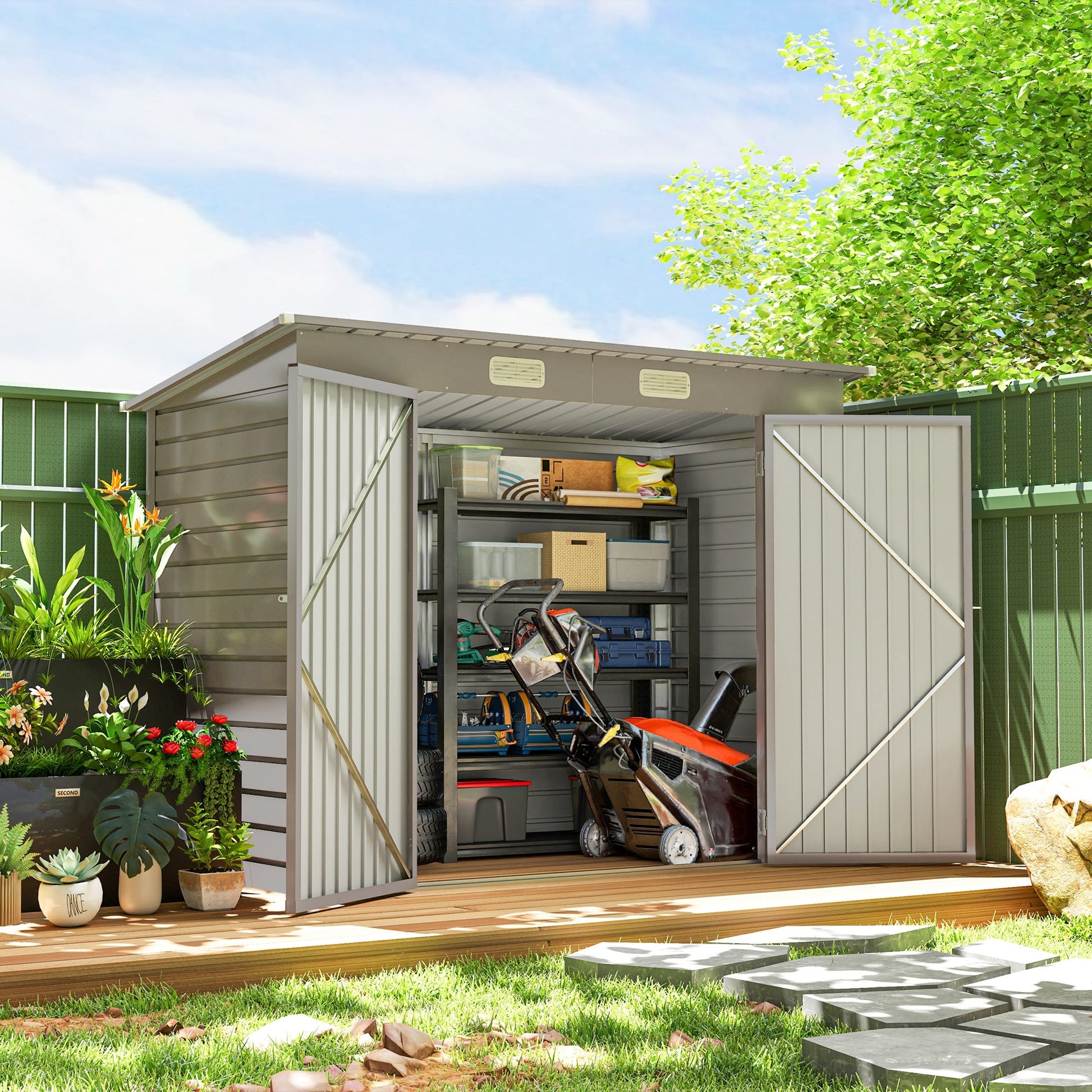 8 x 4FT Garden Shed. Galvanised Metal Shed, Outdoor Tool Storage Shed with Pent Roof, Lockable Door and 2 Vents, Light Grey
