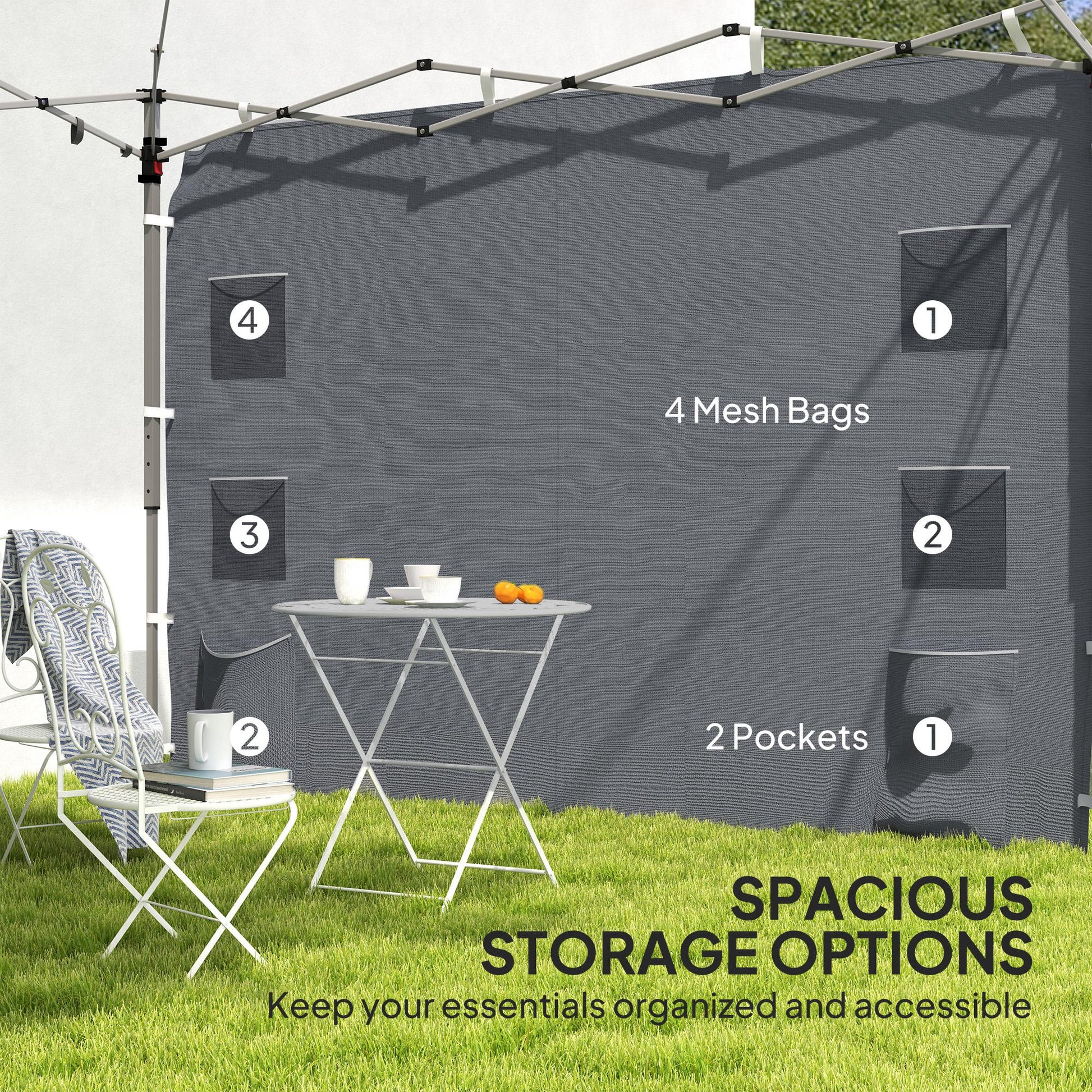 Gazebo Side Panel, Canopy Sidewall Panel with 4 Mesh Bags and 2 Storage Pockets for 3 x 3 m Straight Leg Pop Up Gazebos, 1 Pack Sidewall Only, Grey