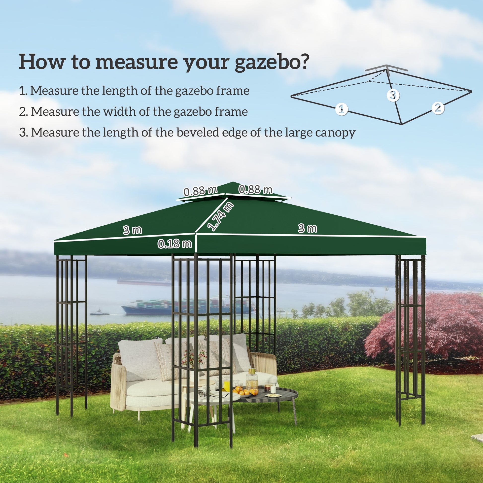 3 x 3(m) Gazebo Canopy Roof Top Replacement Cover Spare Part Dark Green (TOP COVER ONLY)