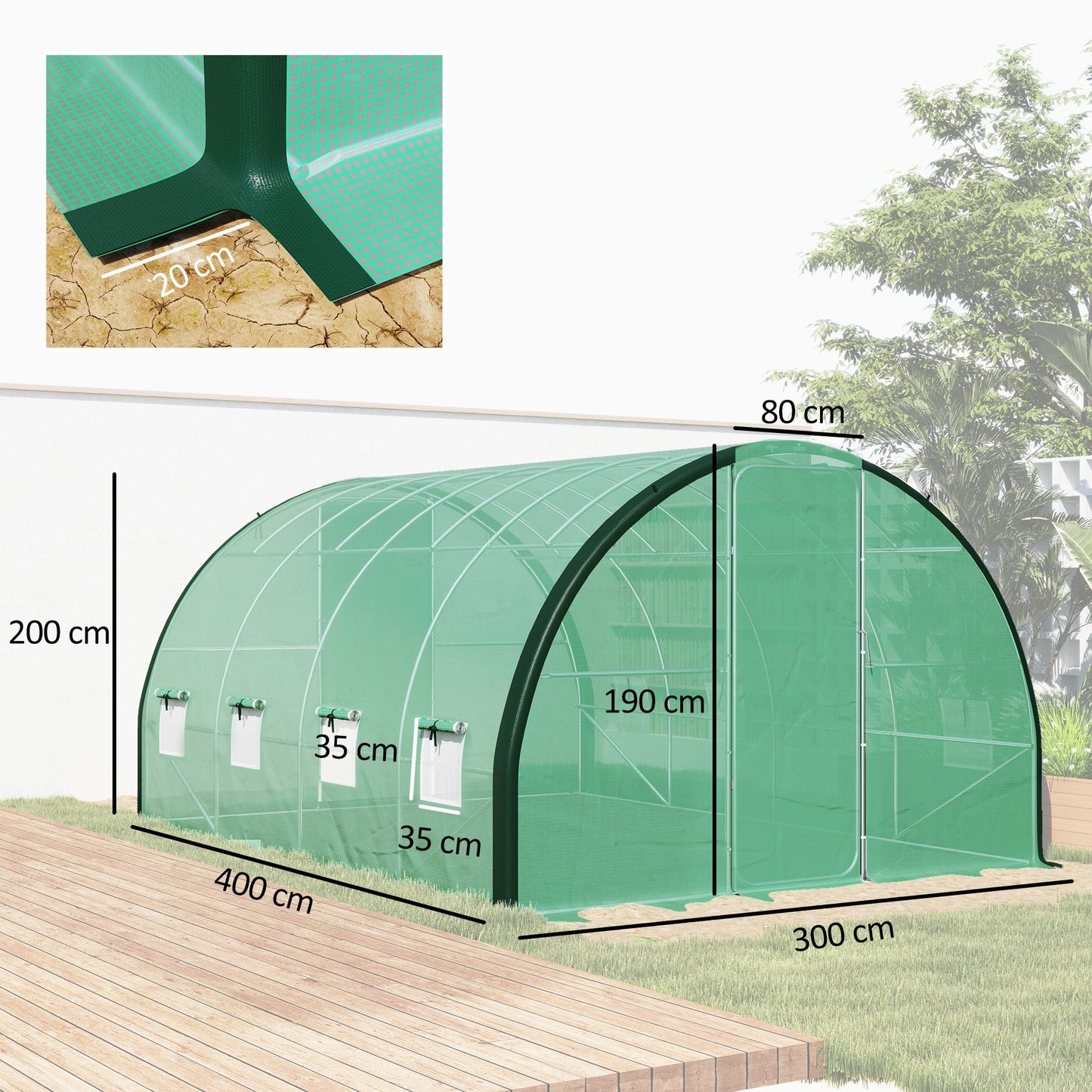 4 x 3(m) Walk-in Polytunnel Greenhouse with Upgraded Structure, 2 Hinged Doors, 8 Mesh Windows, Tunnel Warm House Tent with UV-resistant PE Cover, Green