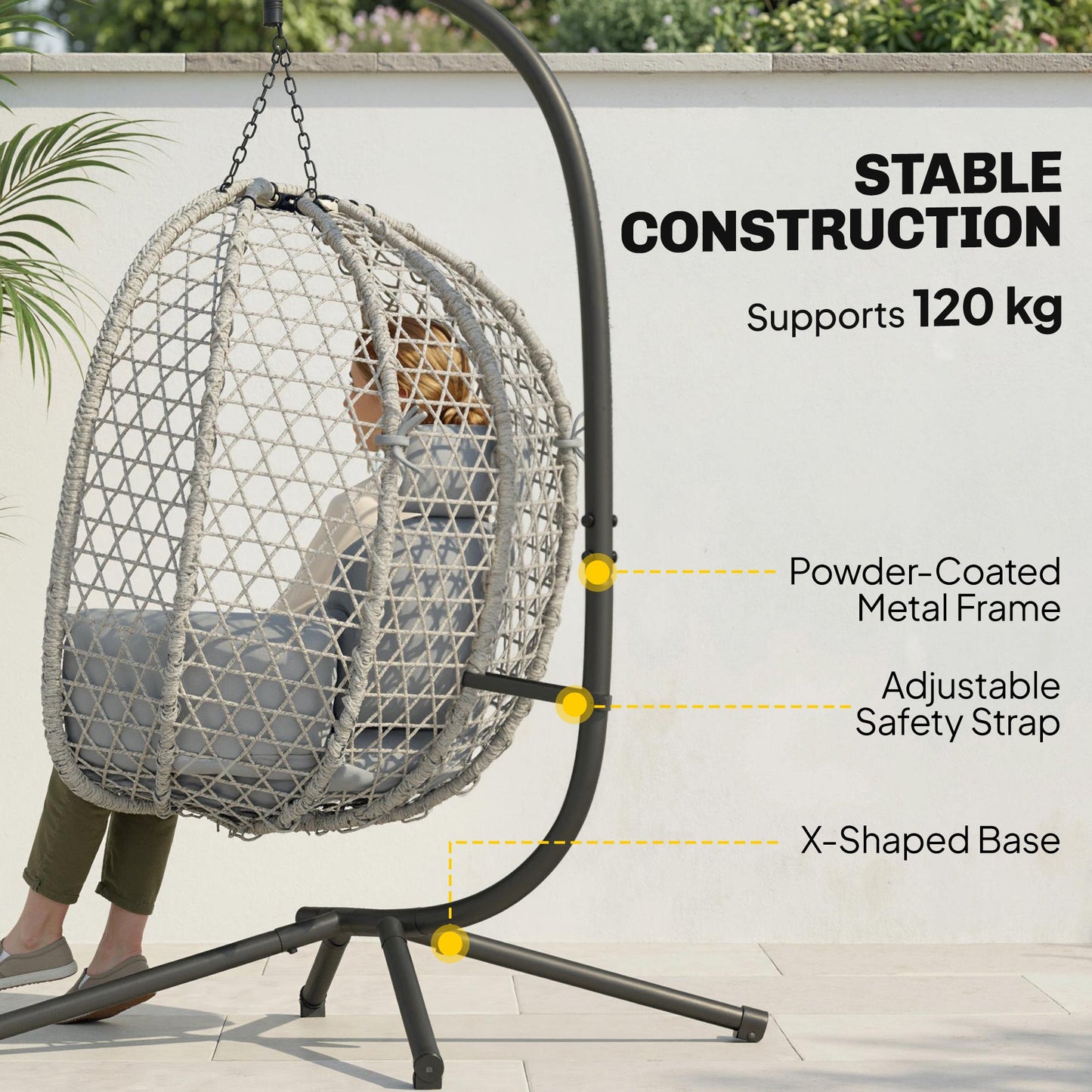 Hanging Egg Chair, Indoor Outdoor Rattan Hammock Swing Chair with Stand, Safety Strap, Foldable Basket, Thick Cushion, Headrest, Metal Frame for Garden Balcony Patio Lounge Porch, Light Grey
