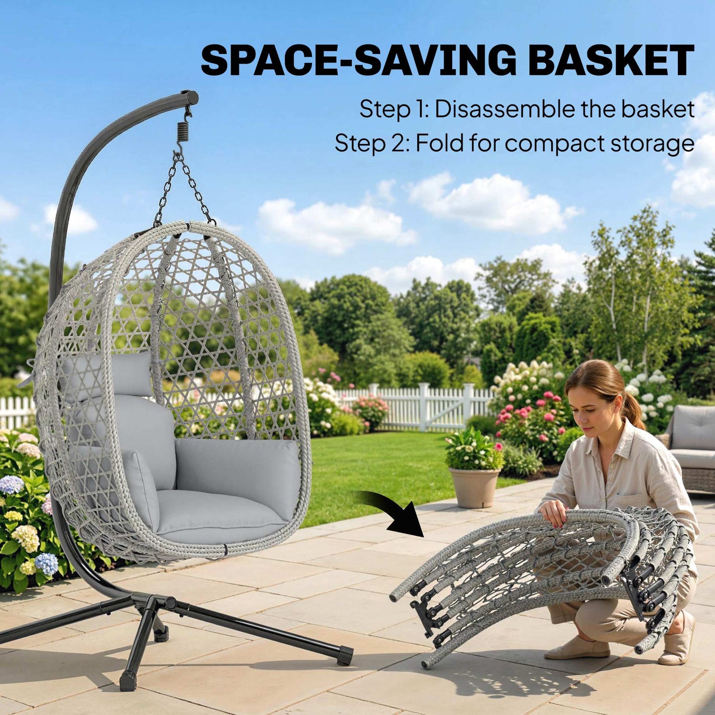 Hanging Egg Chair, Indoor Outdoor Rattan Hammock Swing Chair with Stand, Safety Strap, Foldable Basket, Thick Cushion, Headrest, Metal Frame for Garden Balcony Patio Lounge Porch, Light Grey