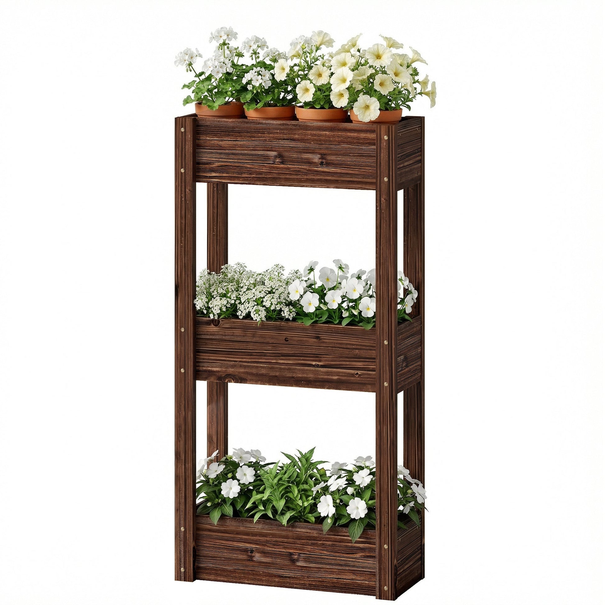 3-Tier Wooden Raised Planter, Raised Garden Bed on Legs with Drainage Holes and Bed Liner, Outdoor Elevated Garden Planter for Vegetables, Herbs, Flowers, 60 x 25 x 120 cm