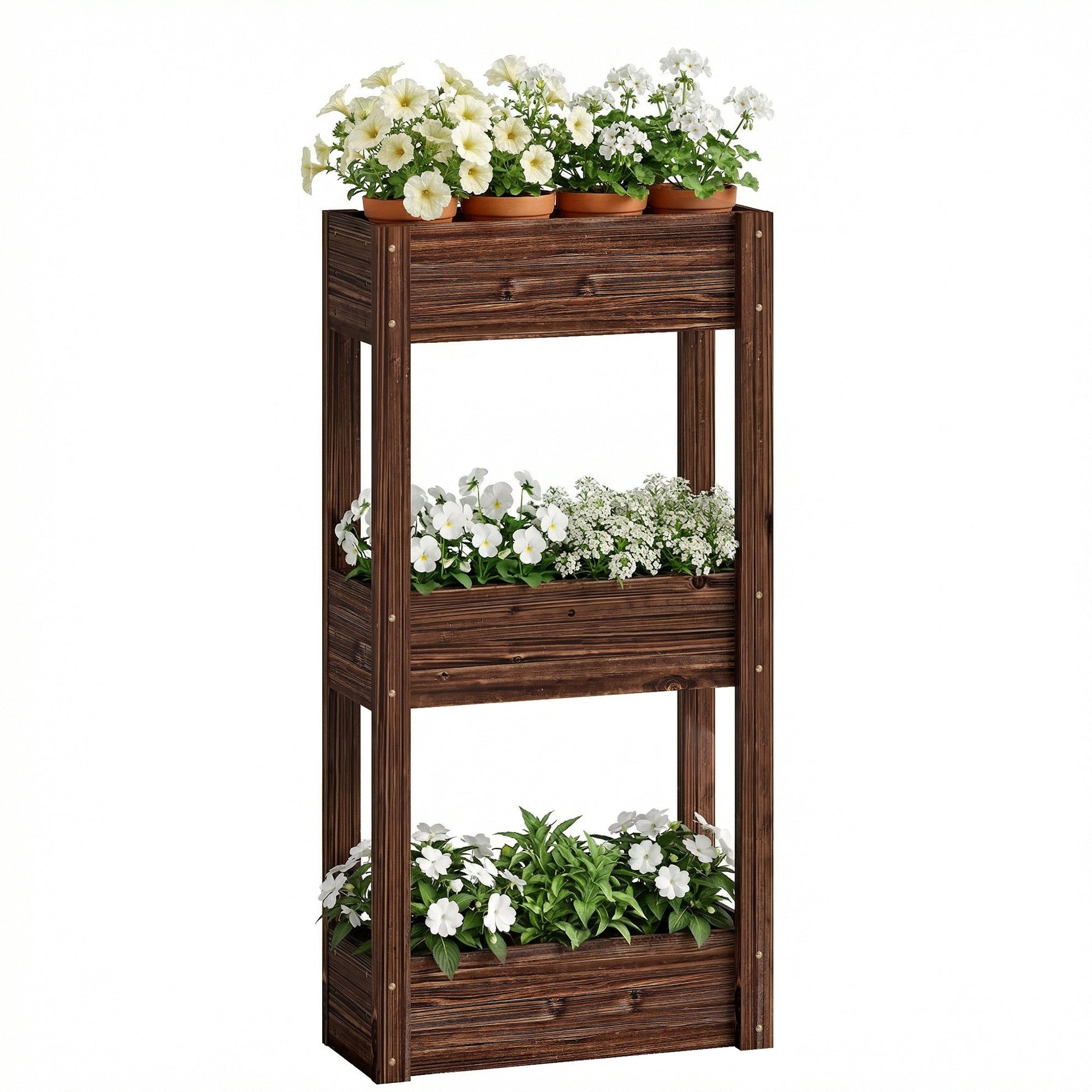 3-Tier Wooden Raised Planter, Raised Garden Bed on Legs with Drainage Holes and Bed Liner, Outdoor Elevated Garden Planter for Vegetables, Herbs, Flowers, 60 x 25 x 120 cm