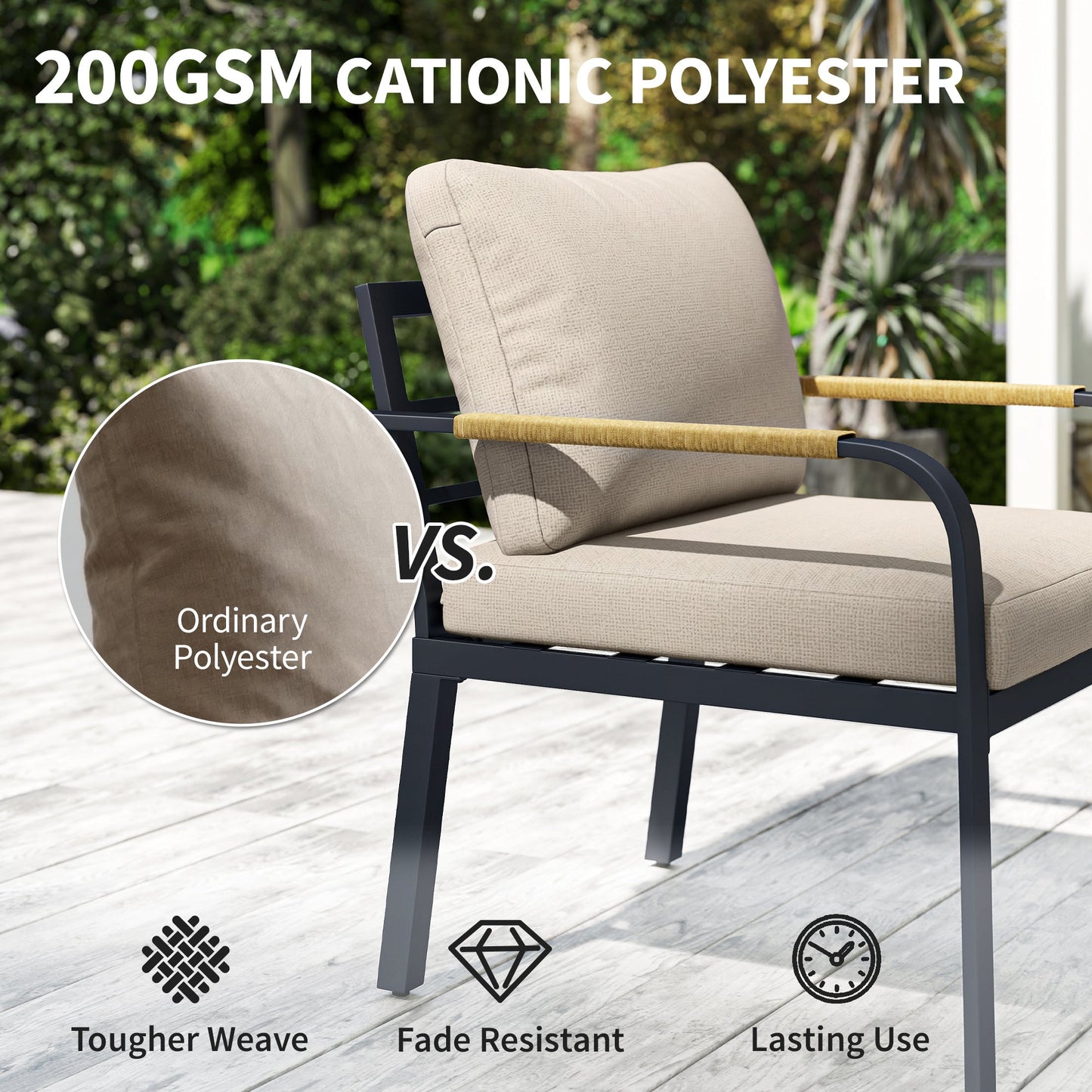 7 Seater Garden Furniture Set with 2 Loveseats, Armchair, 2 Armless Chairs, Footstool, Faux Wood Table, Metal Garden Sofa Set with Cushions, Outdoor Furniture Conversation Sets, Khaki