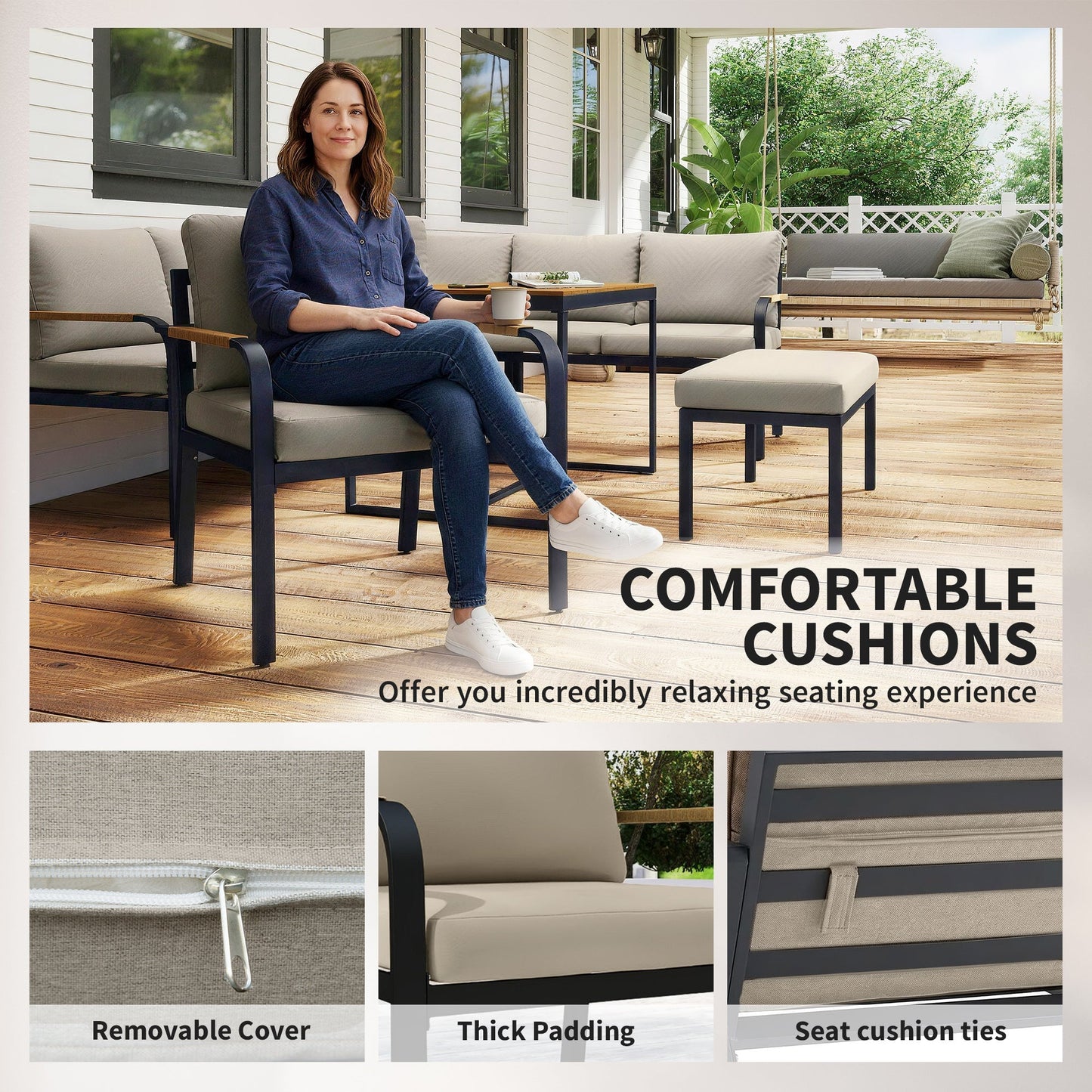 7 Seater Garden Furniture Set with 2 Loveseats, Armchair, 2 Armless Chairs, Footstool, Faux Wood Table, Metal Garden Sofa Set with Cushions, Outdoor Furniture Conversation Sets, Khaki