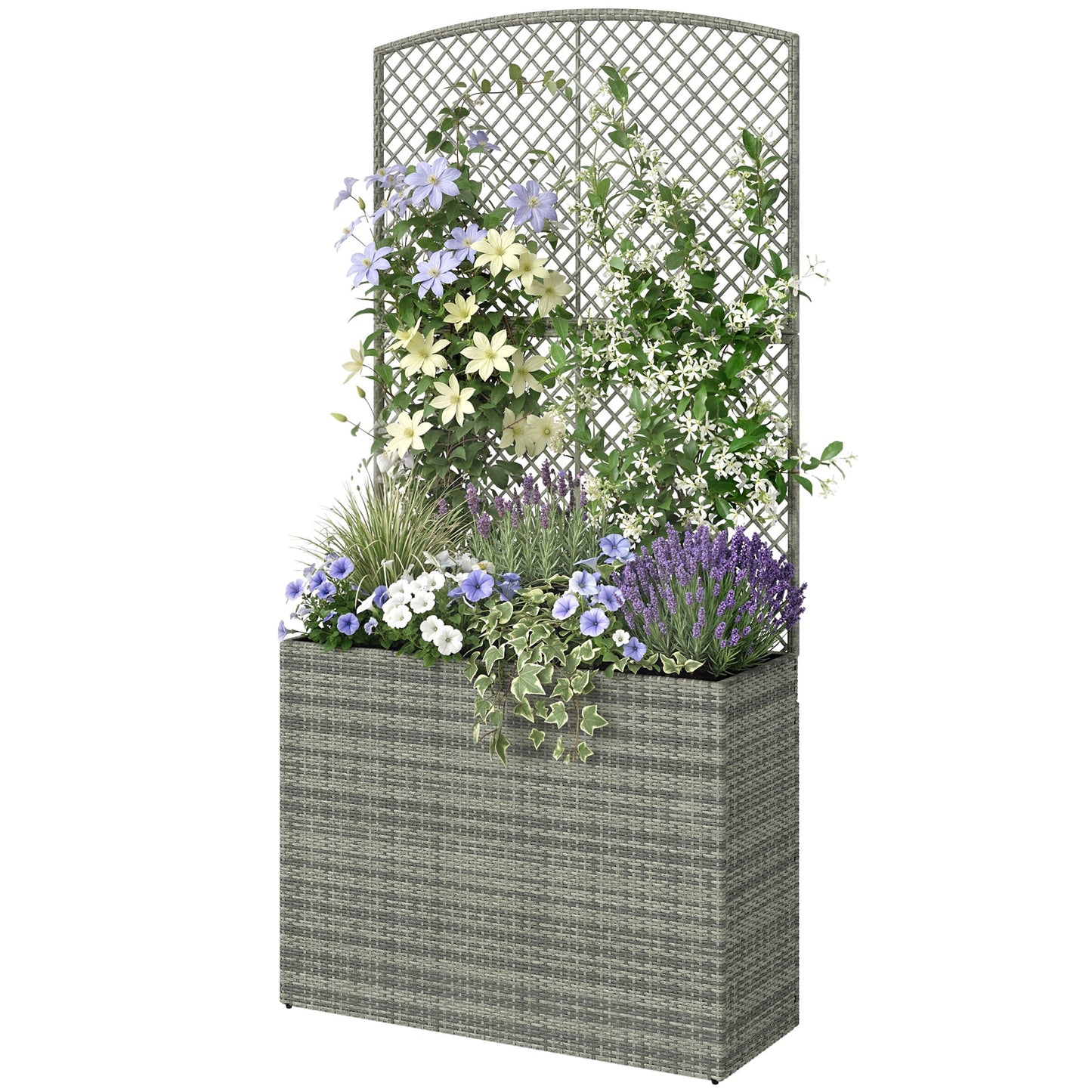 Garden Planter with Trellis, Rattan Raised Beds for Garden with Liner, Freestanding Outdoor Planter Box for Climbing Plants, Herbs, Vegetables, Flowers, 80 x 30 x 163 cm, Dark Grey