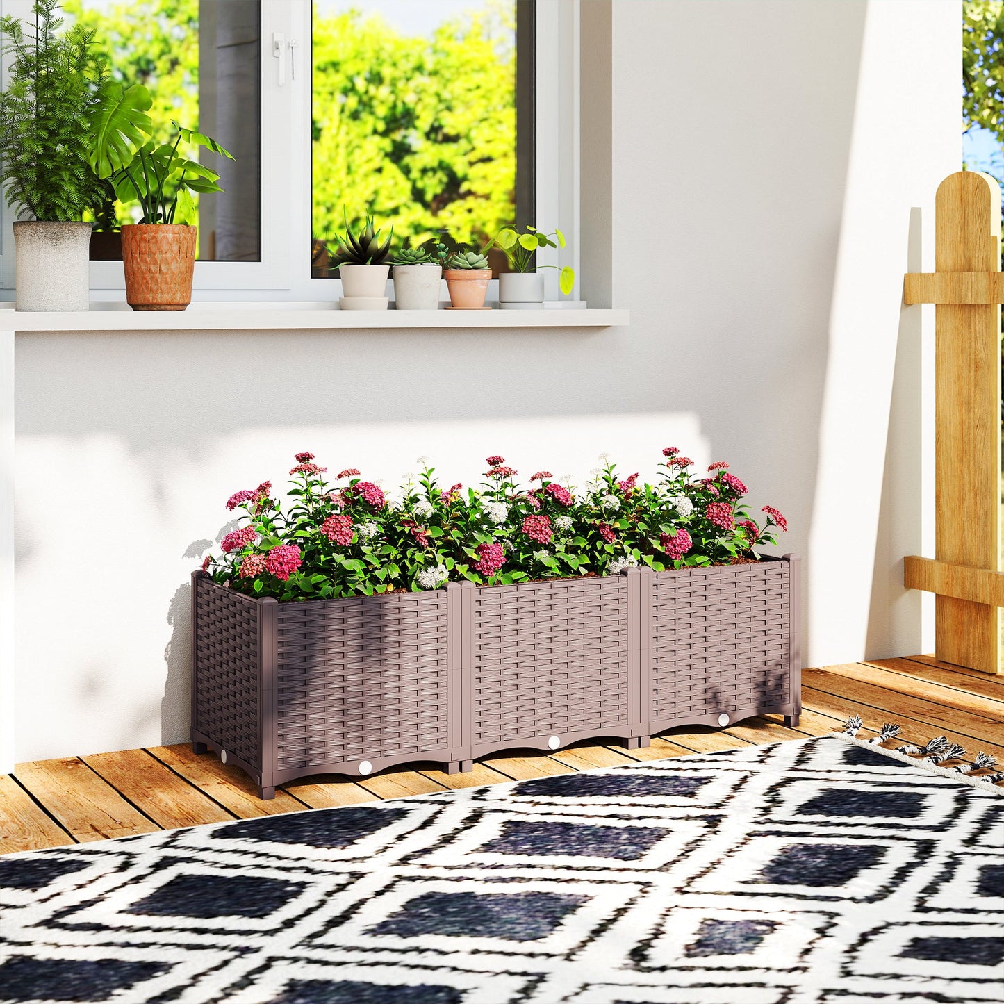 Plastic Raised Garden Bed with Legs, Self Watering Elevated Planter Boxes with Drainage Holes and Plugs, Easy Assembly Outdoor Planter Box for Vegetables, Flowers, Herbs, 120 x 40 x 37 cm