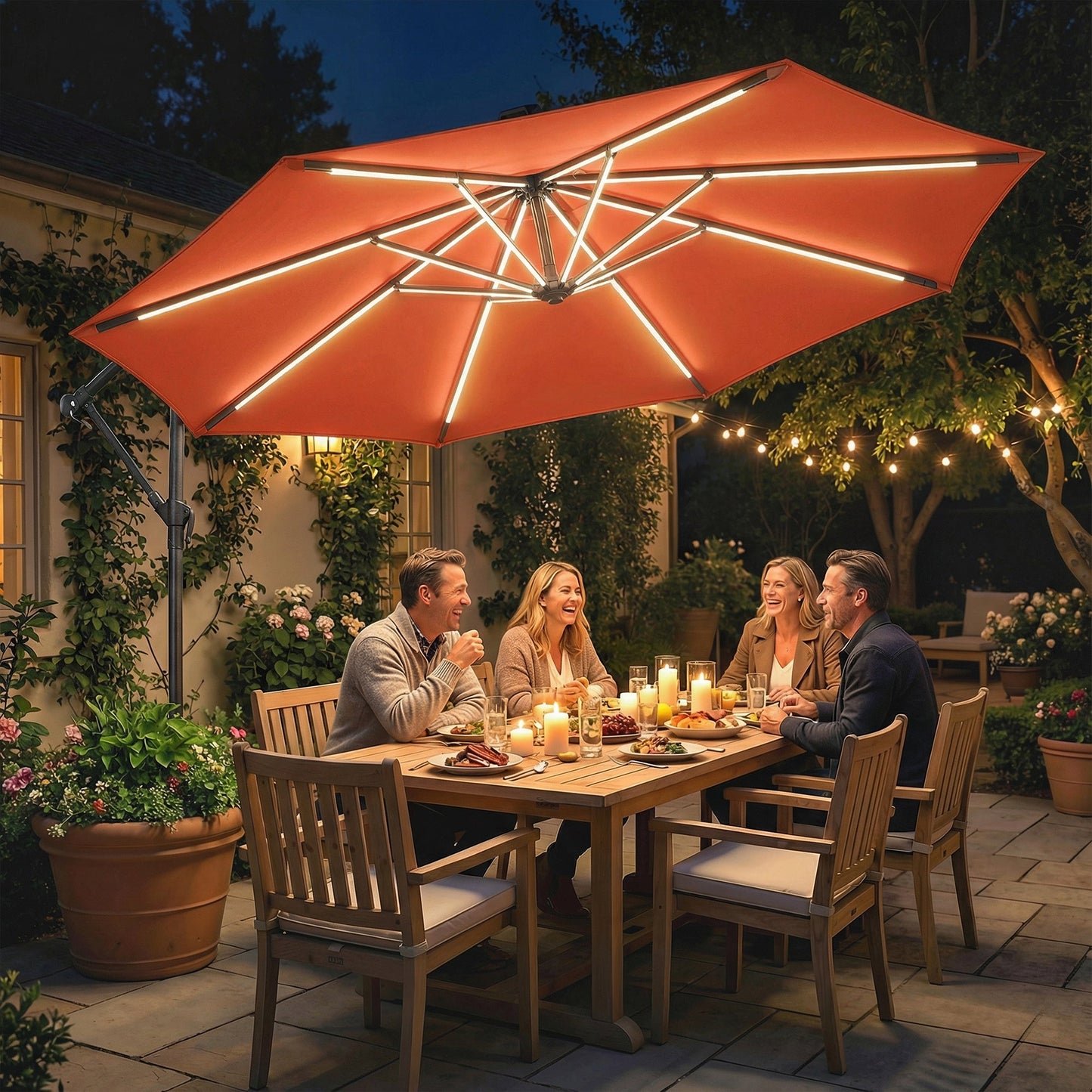 3 m Garden Cantilever Parasol with LED Solar Light, Round Overhanging Umbrella with 6-Position 360° Rotation, Crank Handle, Tilt, Cover, Banana Patio Umbrella for Outdoor Sun Shade, Orange