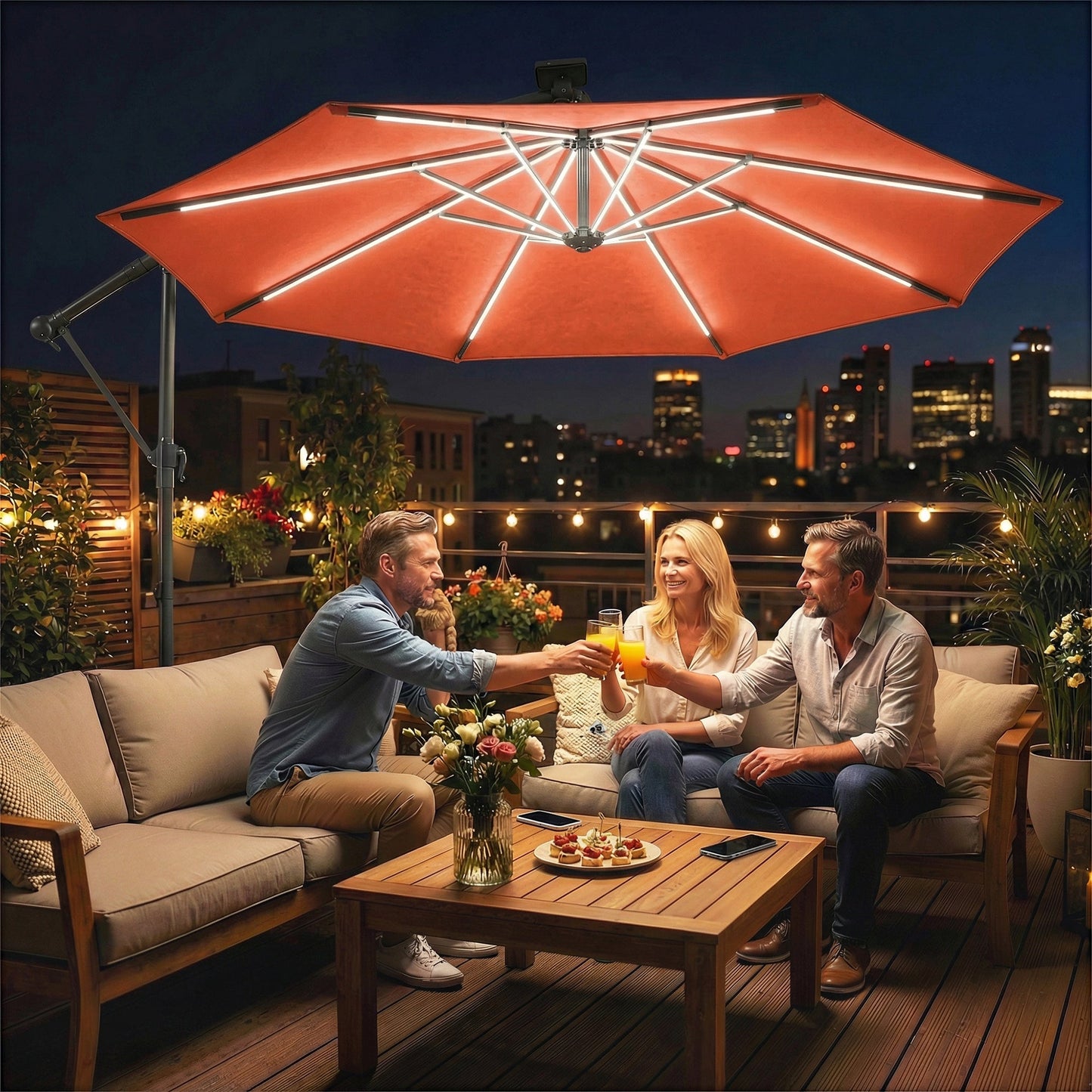 3 m Garden Cantilever Parasol with LED Solar Light, Round Overhanging Umbrella with 6-Position 360° Rotation, Crank Handle, Tilt, Cover, Banana Patio Umbrella for Outdoor Sun Shade, Orange