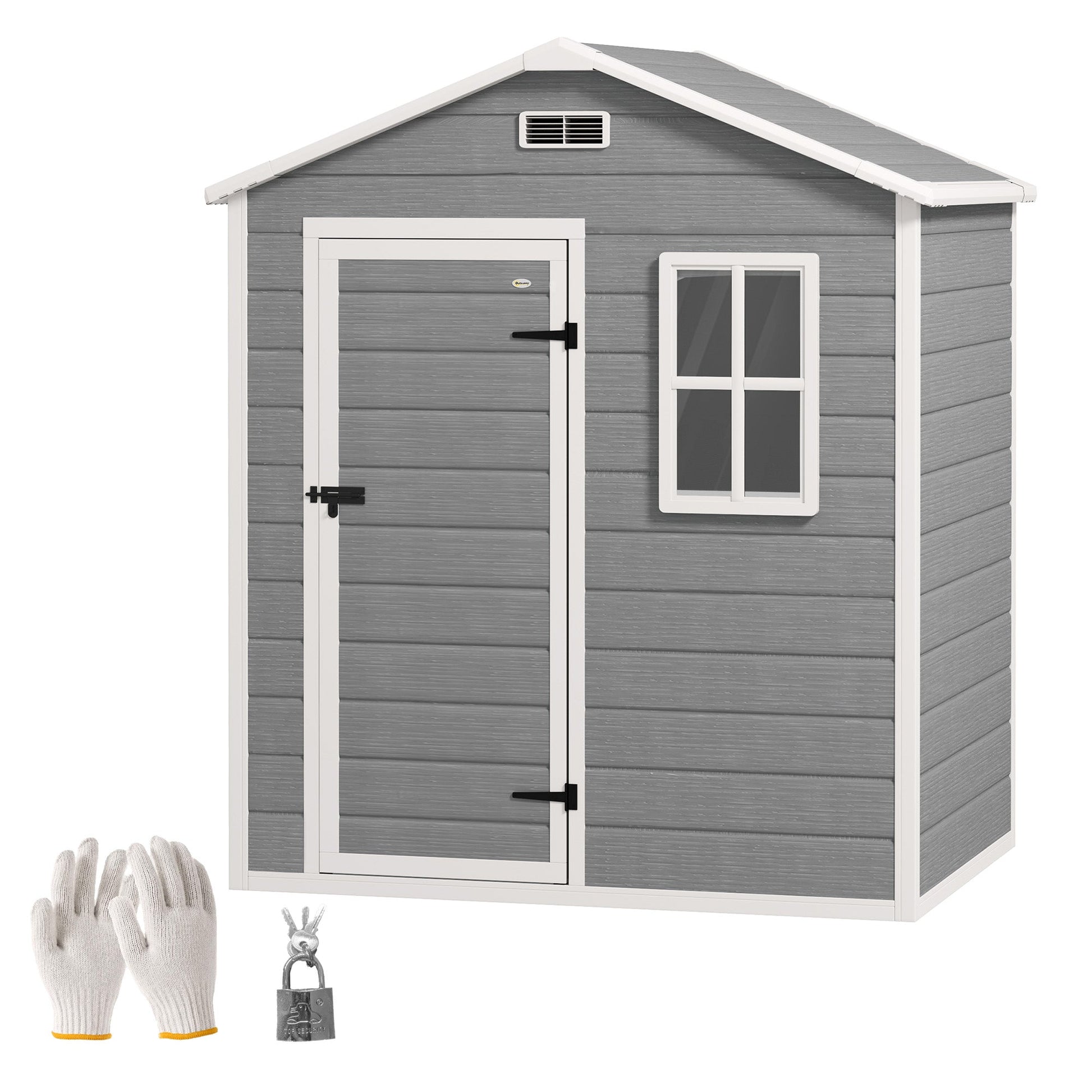 6 x 4ft Garden Shed, Plastic Shed with Floor, Window, Lockable Door and Vents, Wood Effect Resin Tool Shed for Outdoor, Grey