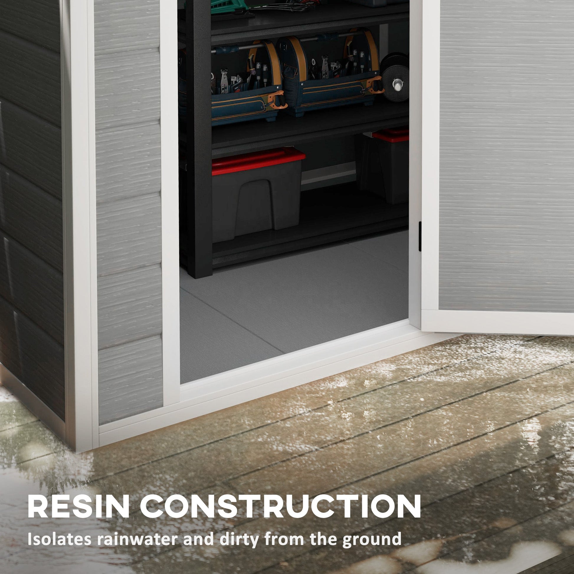6 x 4ft Garden Shed, Plastic Shed with Floor, Window, Lockable Door and Vents, Wood Effect Resin Tool Shed for Outdoor, Grey