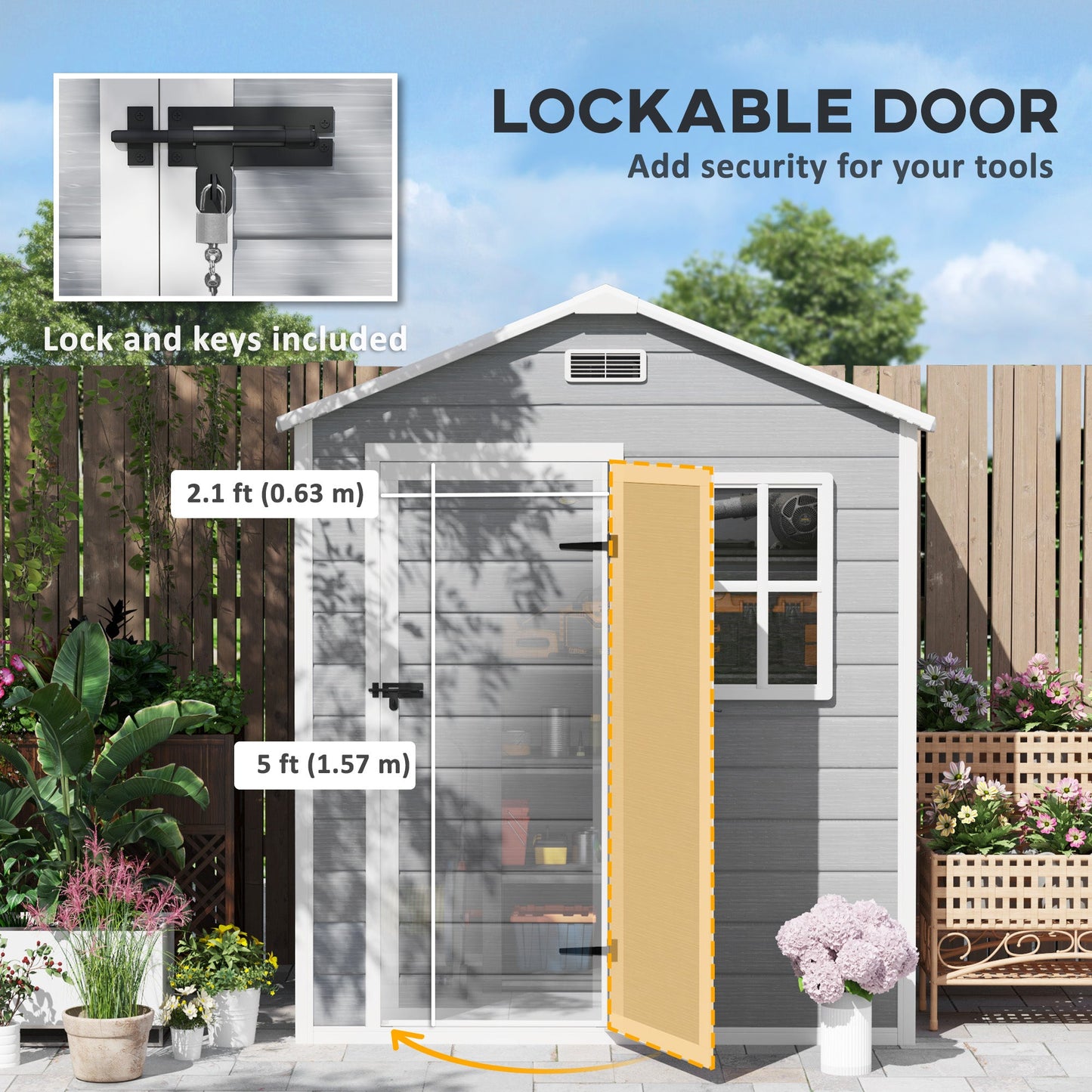 6 x 4ft Garden Shed, Plastic Shed with Floor, Window, Lockable Door and Vents, Wood Effect Resin Tool Shed for Outdoor, Grey