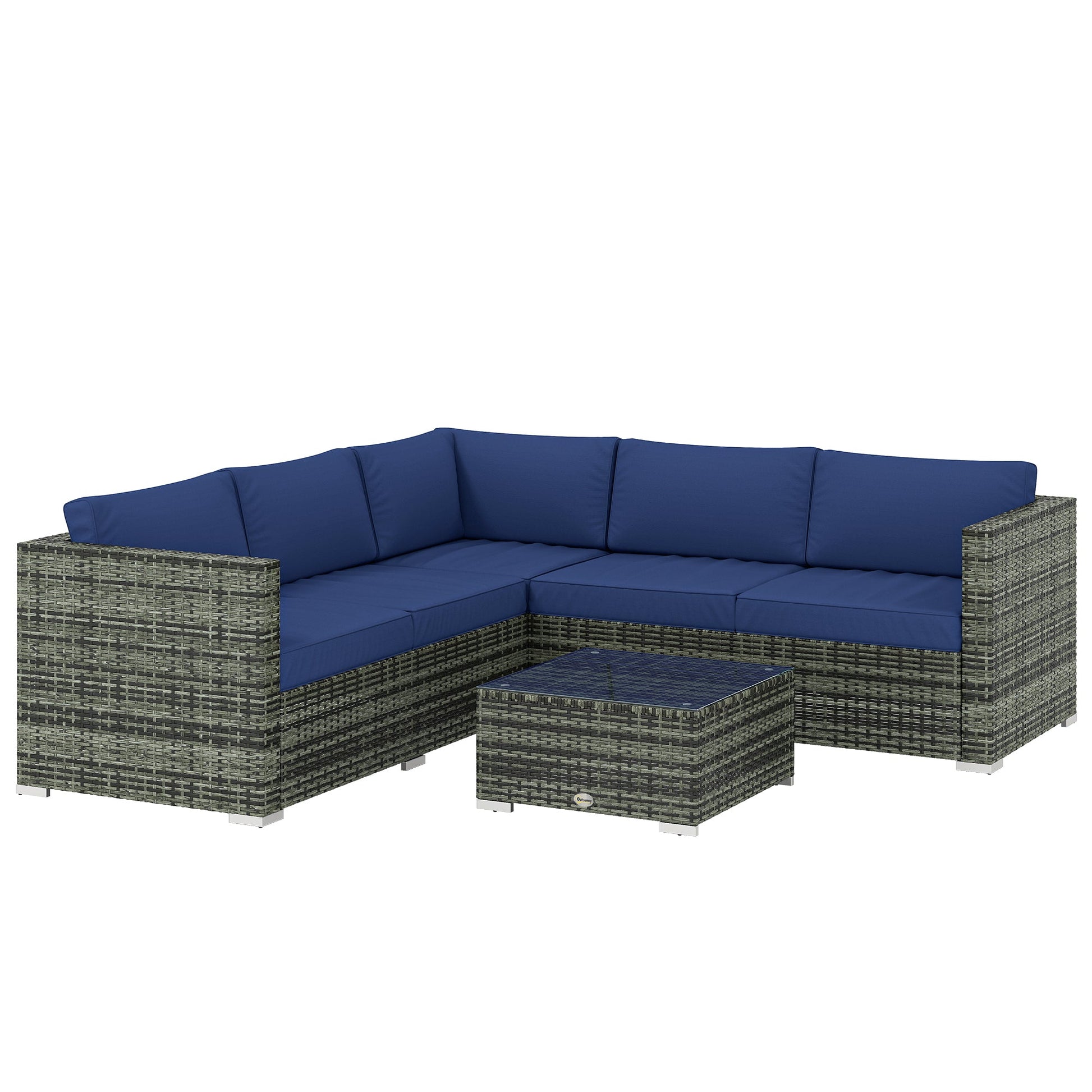 4 Pieces Rattan Garden Furniture Set, Wicker Outdoor Furniture Set with Corner Sofa Loveseat Coffee Table Cushions, Conservatory Furniture Set for Patio Balcony, Blue