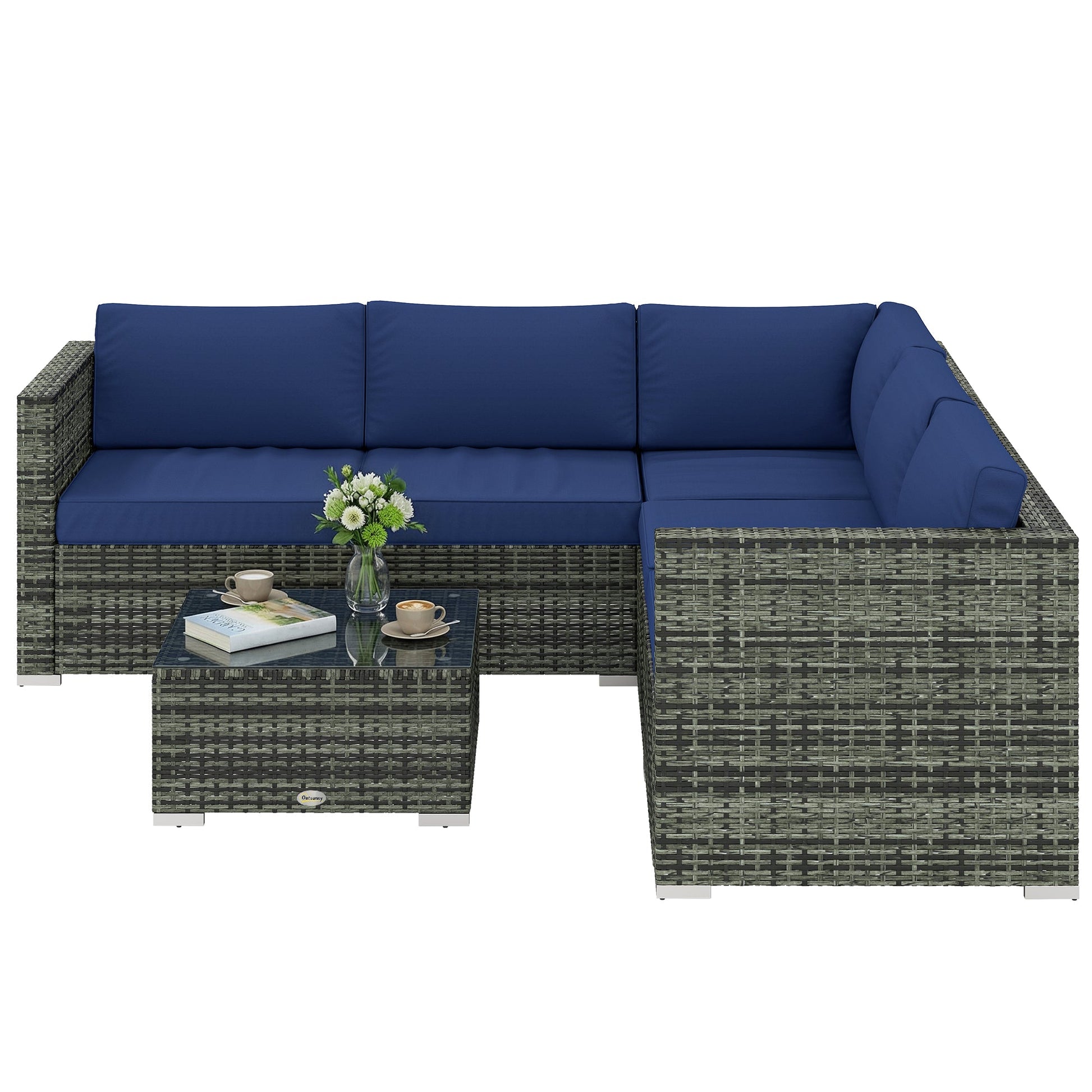 4 Pieces Rattan Garden Furniture Set, Wicker Outdoor Furniture Set with Corner Sofa Loveseat Coffee Table Cushions, Conservatory Furniture Set for Patio Balcony, Blue