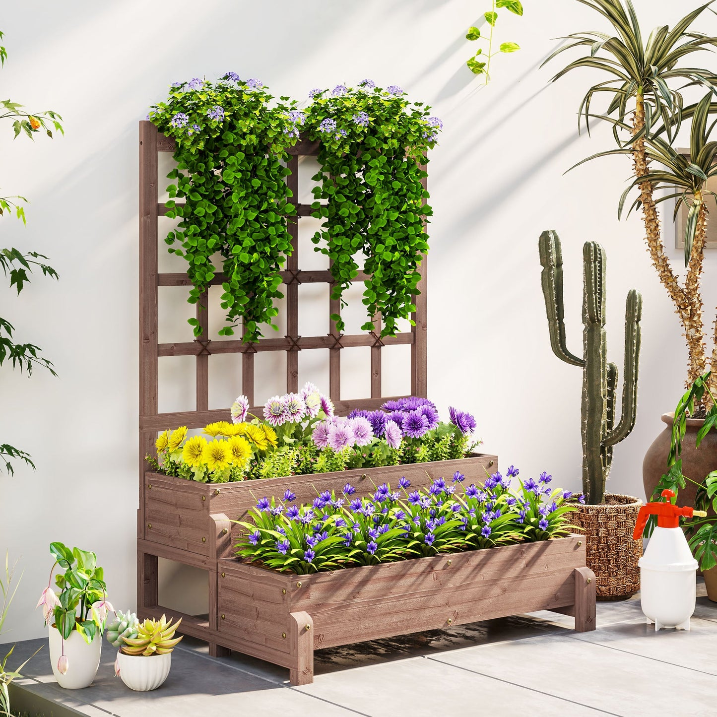 2-Tier Raised Garden Bed with Trellis, Wooden Elevated Planter Box with Drainage Holes, Outdoor Raised Planter for Climbing Plants, Fruits, Vegetables, Flowers, Brown