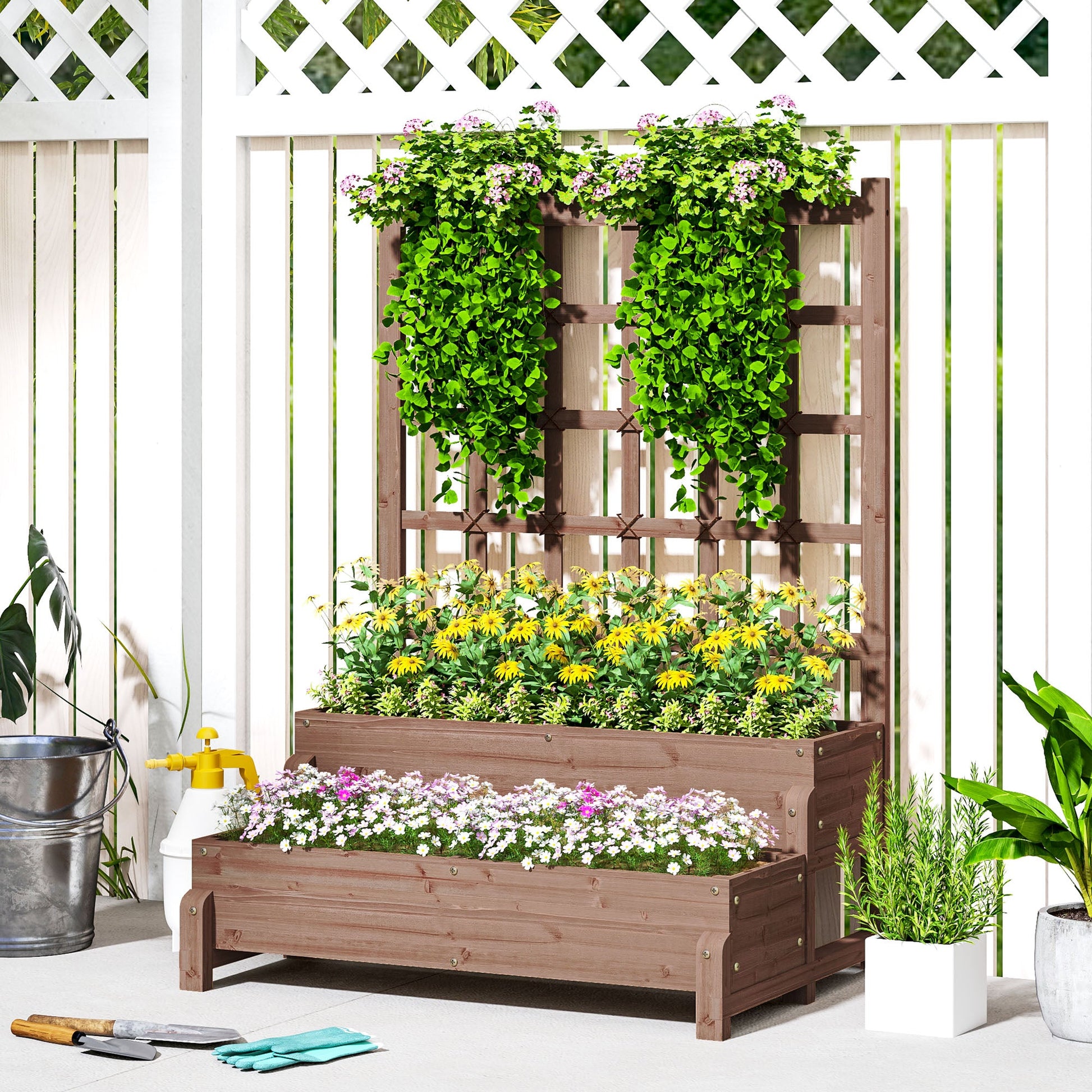 2-Tier Raised Garden Bed with Trellis, Wooden Elevated Planter Box with Drainage Holes, Outdoor Raised Planter for Climbing Plants, Fruits, Vegetables, Flowers, Brown