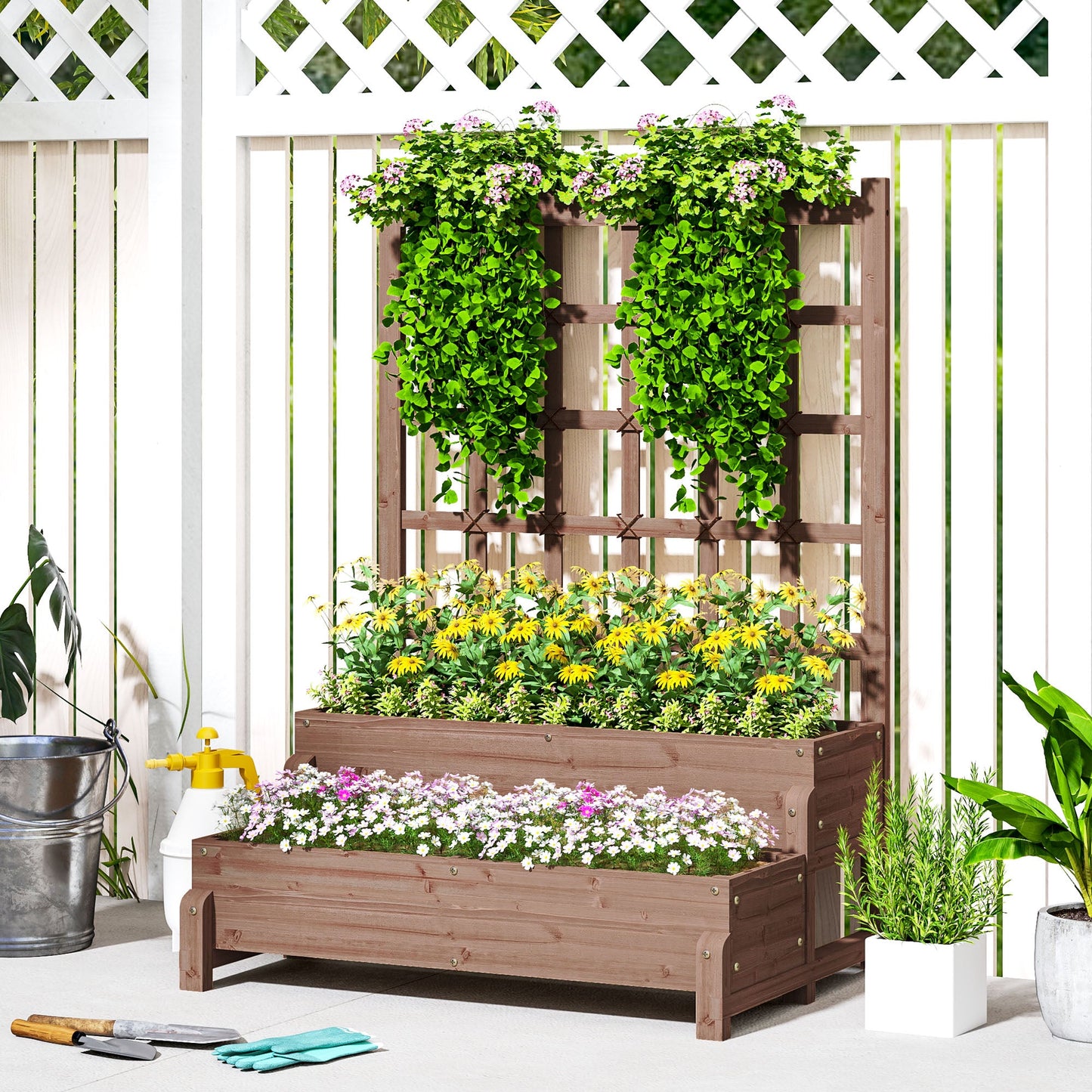 2-Tier Raised Garden Bed with Trellis, Wooden Elevated Planter Box with Drainage Holes, Outdoor Raised Planter for Climbing Plants, Fruits, Vegetables, Flowers, Brown