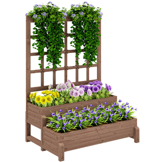 2-Tier Raised Garden Bed with Trellis, Wooden Elevated Planter Box with Drainage Holes, Outdoor Raised Planter for Climbing Plants, Fruits, Vegetables, Flowers, Brown