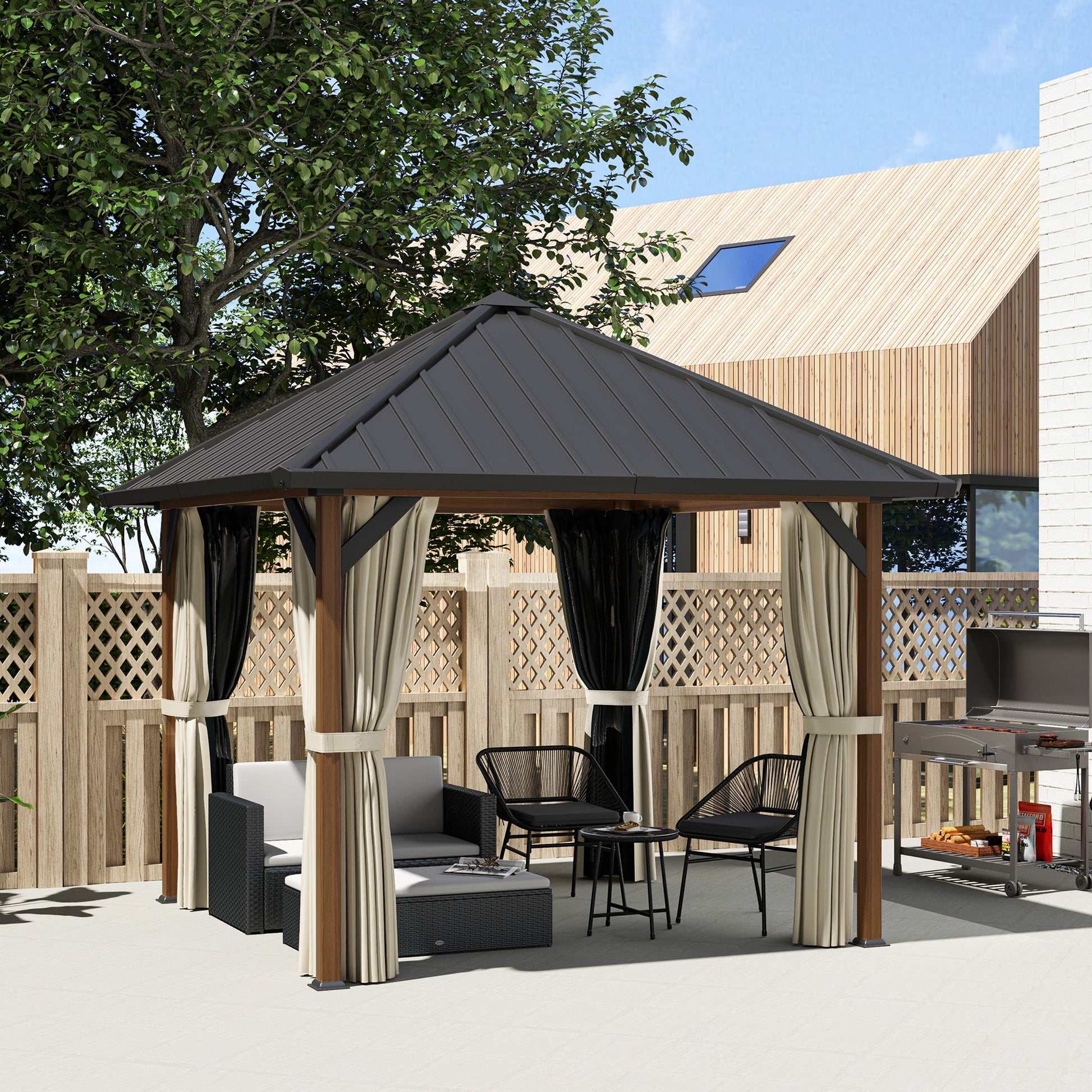 3 x 3(m) Hardtop Gazebo with Galvanised Steel Roof and Water Gutter, Waterproof Permanent Pavilion Garden Gazebo with Netting and Curtains for Patio, Deck, Walnut Wood Finish