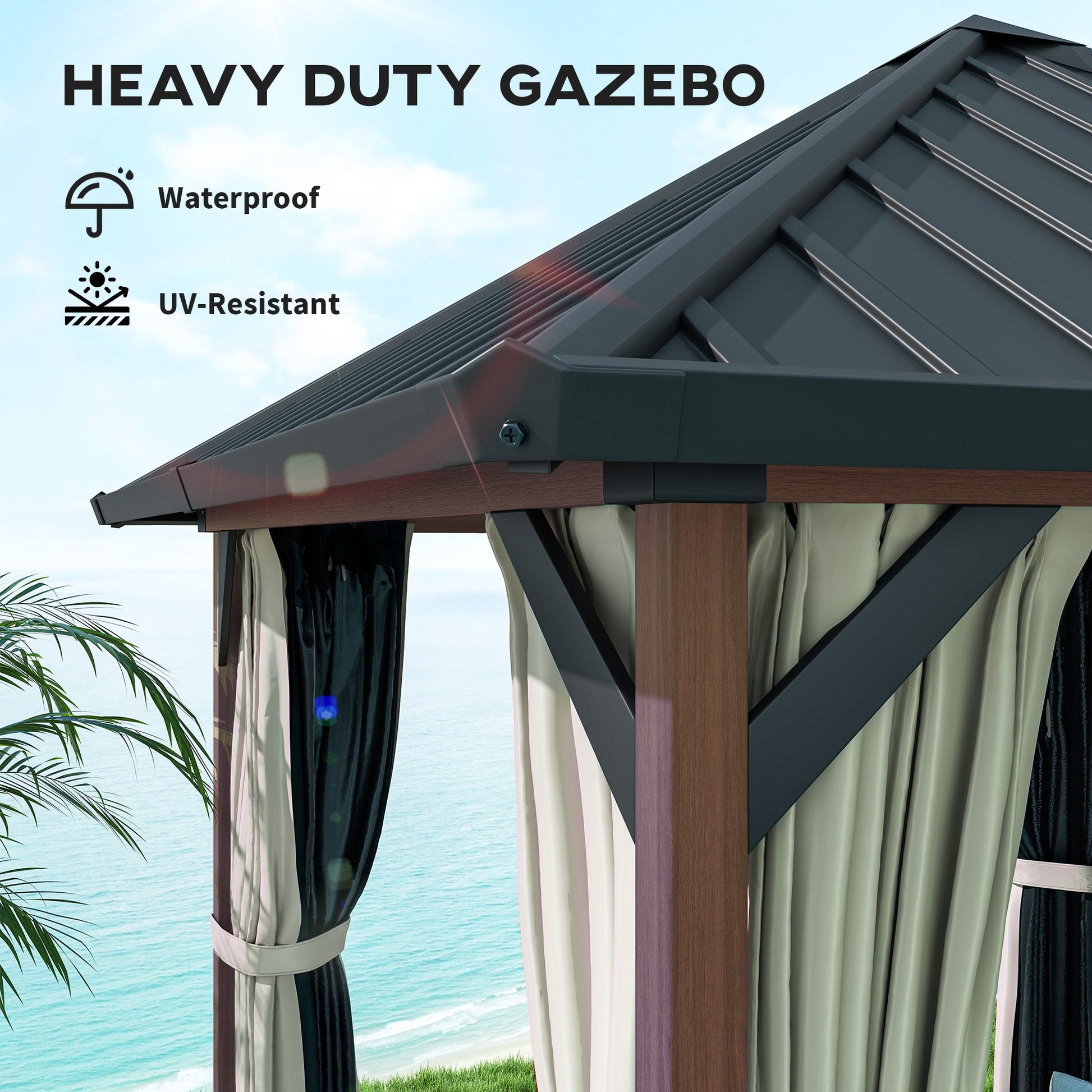 3 x 3(m) Hardtop Gazebo with Galvanised Steel Roof and Water Gutter, Waterproof Permanent Pavilion Garden Gazebo with Netting and Curtains for Patio, Deck, Walnut Wood Finish