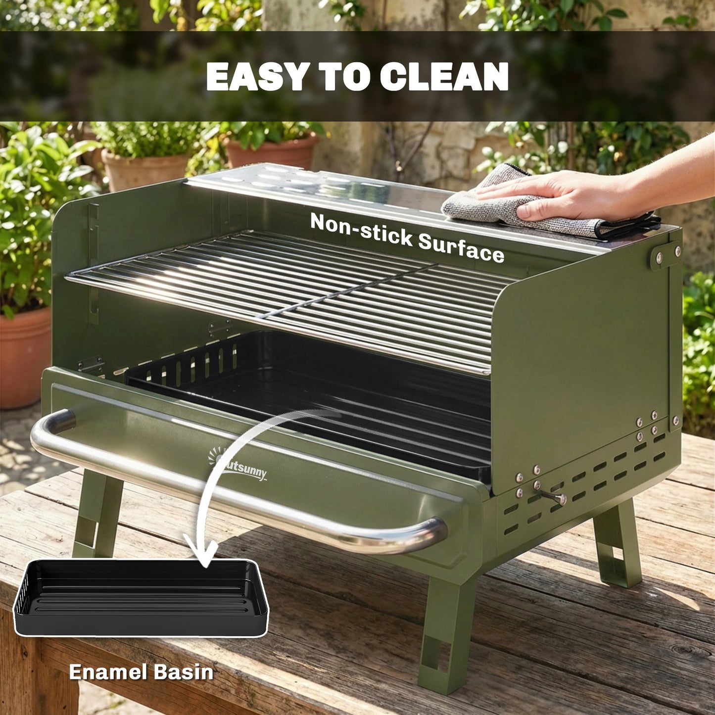 Portable BBQ Grill, Charcoal Barbecue Grill with Adjustable Grates, Foldable Legs and Side Shelf for Camping Hiking Picnic Travel Garden Outdoor Cooking, Green