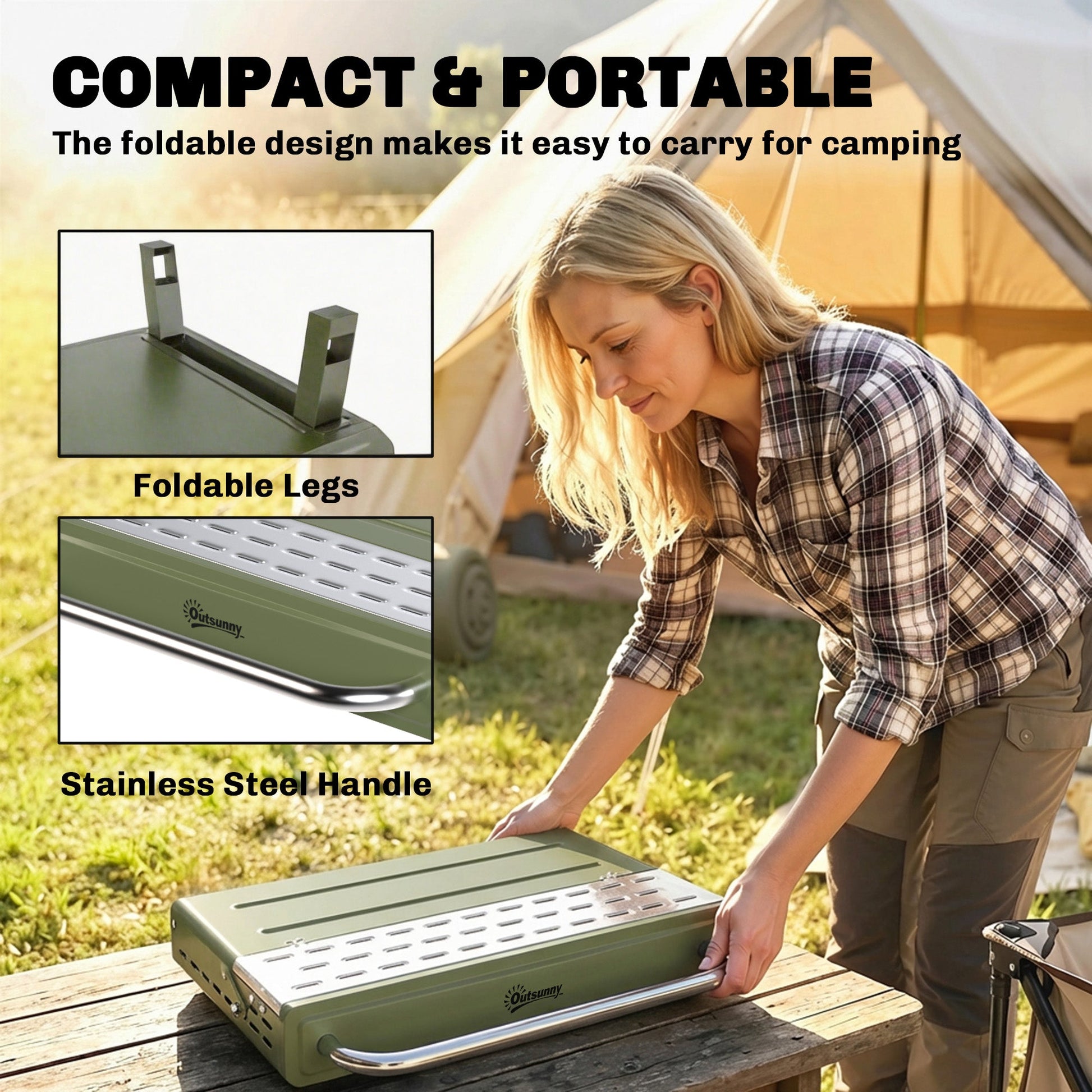 Portable BBQ Grill, Charcoal Barbecue Grill with Adjustable Grates, Foldable Legs and Side Shelf for Camping Hiking Picnic Travel Garden Outdoor Cooking, Green