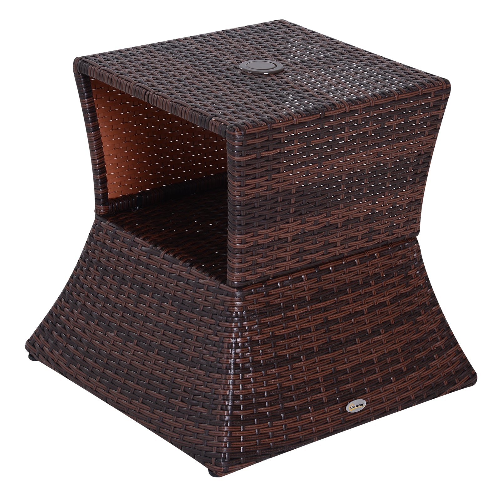 Rattan Outdoor Coffee Table, Wicker Garden Patio Bistro Side Table with Umbrella Hole and Storage Space for Balcony, Porch, Brown