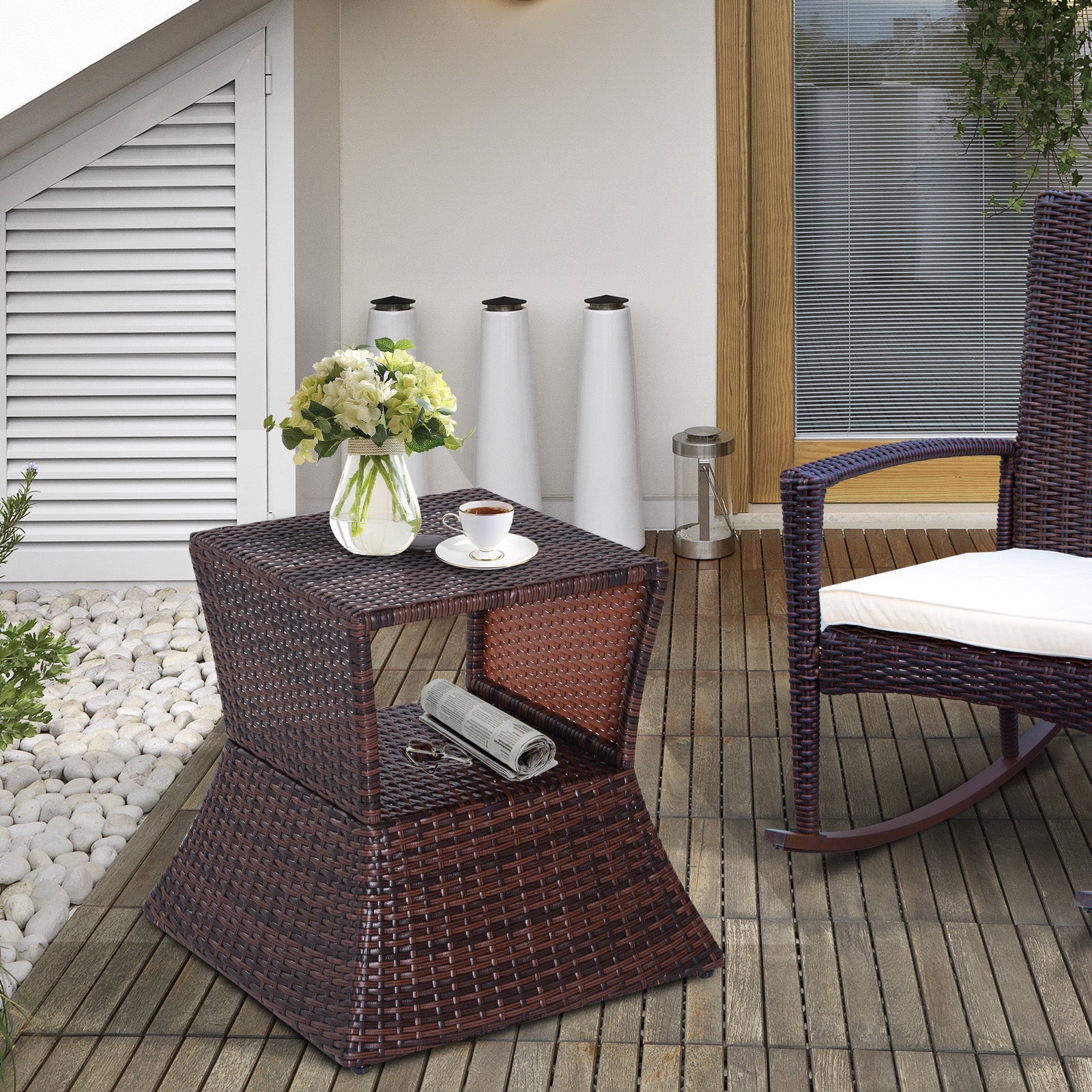 Rattan Outdoor Coffee Table, Wicker Garden Patio Bistro Side Table with Umbrella Hole and Storage Space for Balcony, Porch, Brown