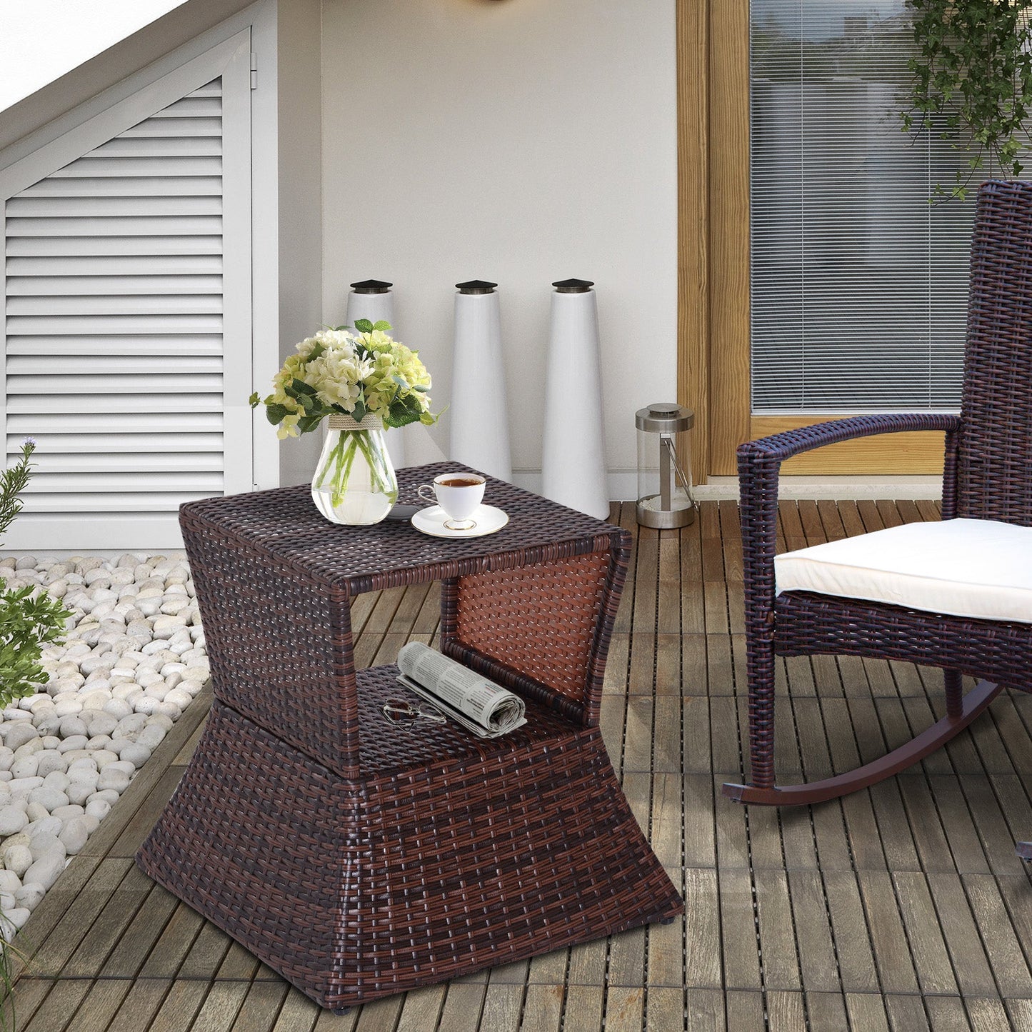 Rattan Outdoor Coffee Table, Wicker Garden Patio Bistro Side Table with Umbrella Hole and Storage Space for Balcony, Porch, Brown