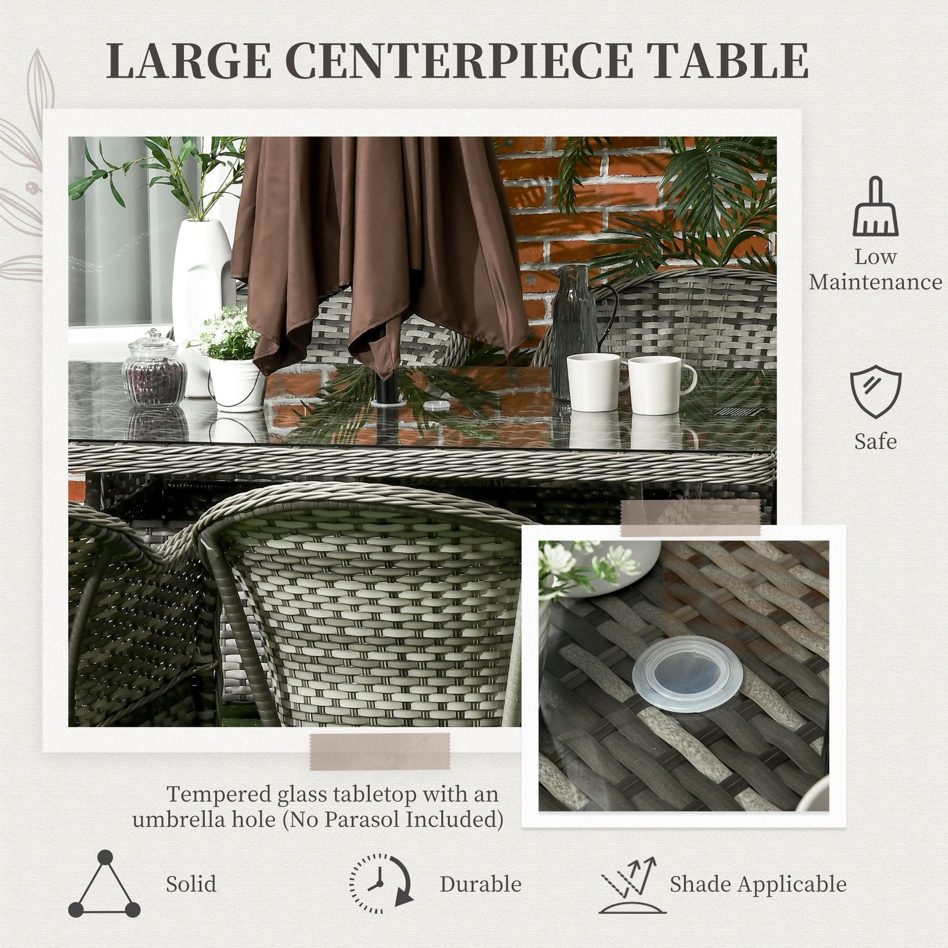 6 Seater Rattan Dining Set with Seat and Back Cushions, PE Rattan Garden Furniture Set, Outdoor Dining Table and Chairs, Rectangular Glass Top Table with Umbrella Hole, Grey