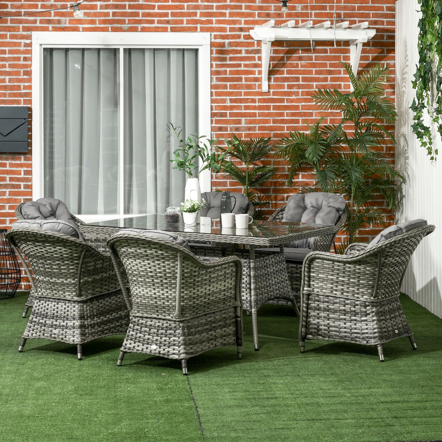 6 Seater Rattan Dining Set with Seat and Back Cushions, PE Rattan Garden Furniture Set, Outdoor Dining Table and Chairs, Rectangular Glass Top Table with Umbrella Hole, Grey