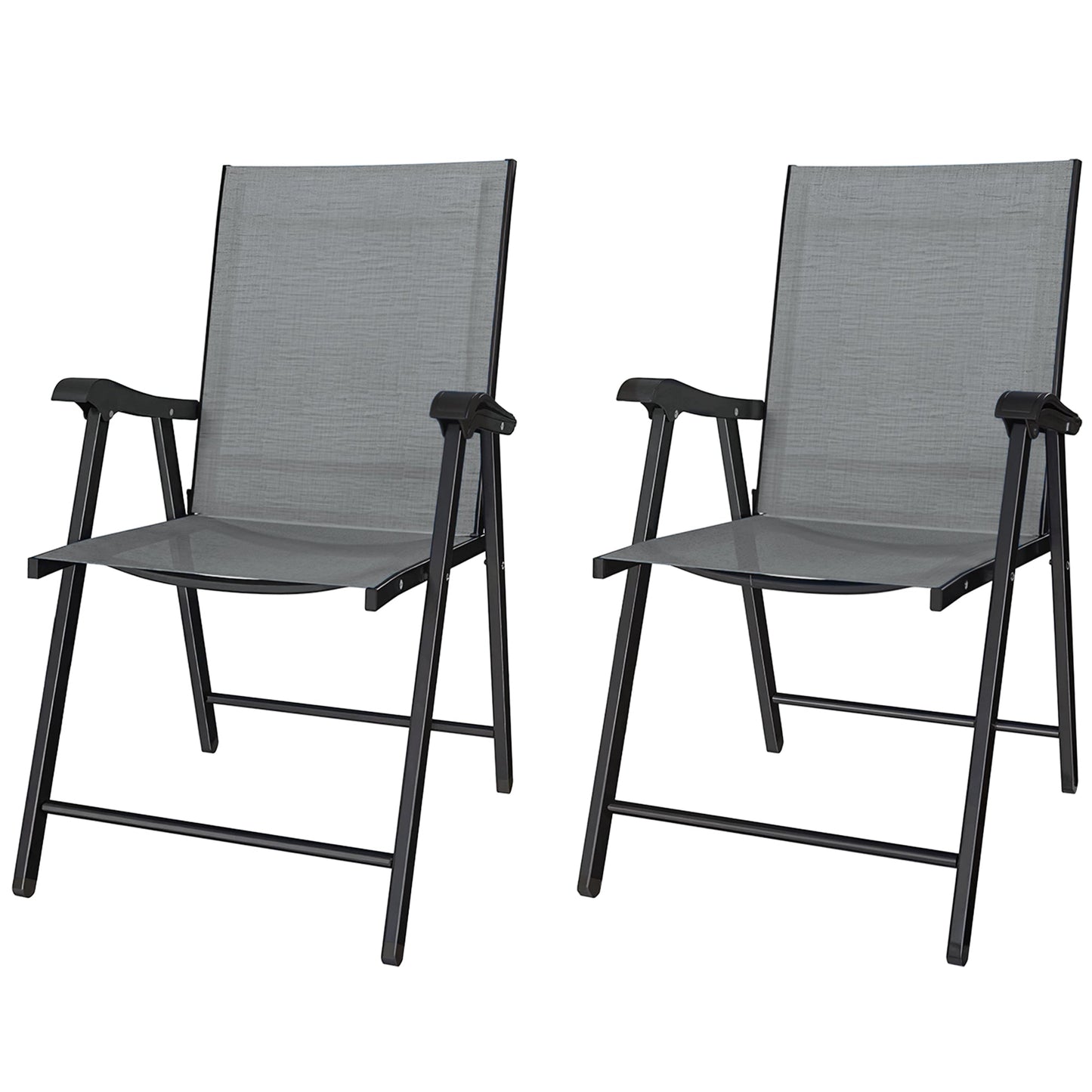 Folding Garden Chairs Set of 2, Foldable Garden Dining Chairs with High Back and Armrests, Breathable Texteline Folding Outdoor Chair Set with Metal Frame for Patio, Balcony, Light Grey