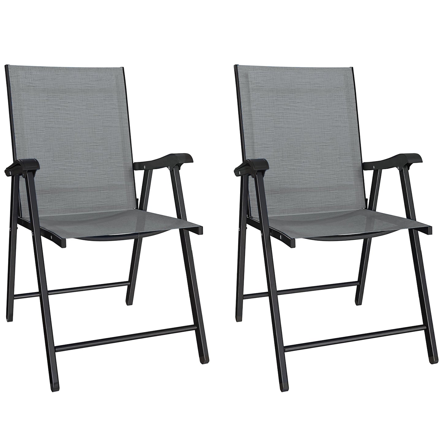 Folding Garden Chairs Set of 2, Foldable Garden Dining Chairs with High Back and Armrests, Breathable Texteline Folding Outdoor Chair Set with Metal Frame for Patio, Balcony, Light Grey